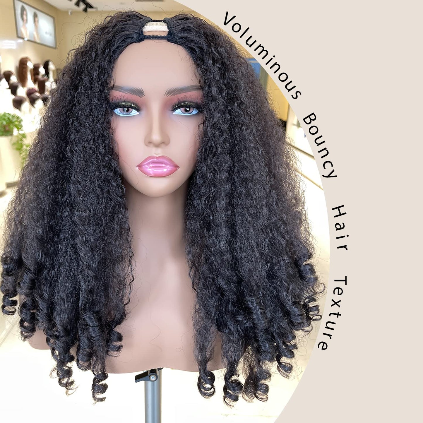 SOKU Afro Curly Lace Front Wig Synthetic Kinky Straight with Curly Ends T Part HD Transparent Swiss Lace Fluffy Bouncy Hair Wigs 20 Inch Dark Brown Heat Friendly Afro Wigs for Black Women