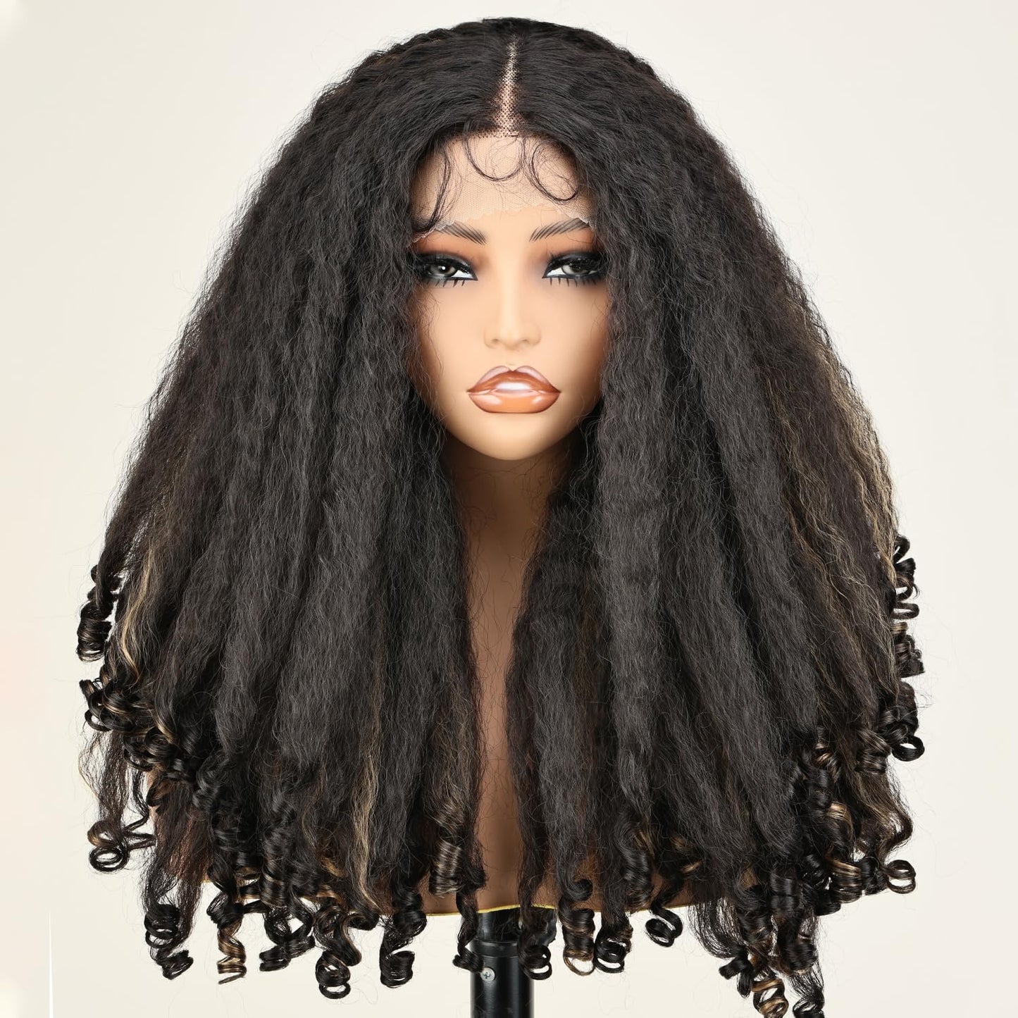 SOKU Afro Curly Lace Front Wig Synthetic Kinky Straight with Curly Ends T Part HD Transparent Swiss Lace Fluffy Bouncy Hair Wigs 20 Inch Dark Brown Heat Friendly Afro Wigs for Black Women