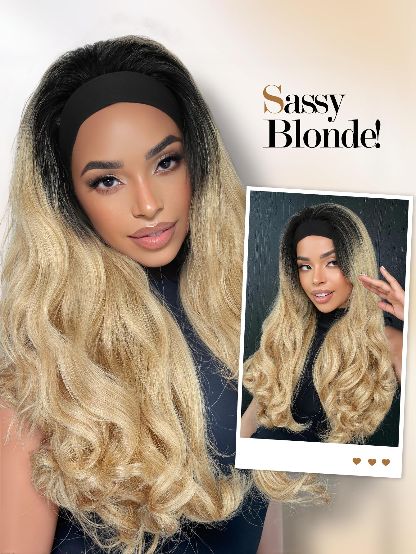 Yaki Wavy Headband Wigs for Black Women 26 Inch Black Kinky Straight Wear and Go Wig with Curly Wavy Ends Synthetic Glueless Half Wig with Headbands Attached Blow Out Style Natural Hair Texture