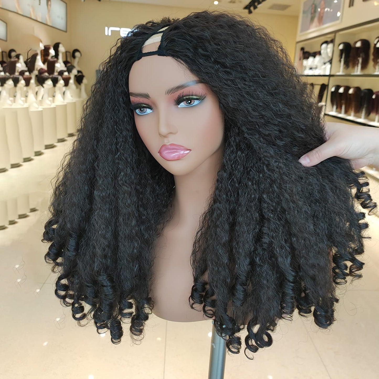 SOKU Afro Curly Lace Front Wig Synthetic Kinky Straight with Curly Ends T Part HD Transparent Swiss Lace Fluffy Bouncy Hair Wigs 20 Inch Dark Brown Heat Friendly Afro Wigs for Black Women