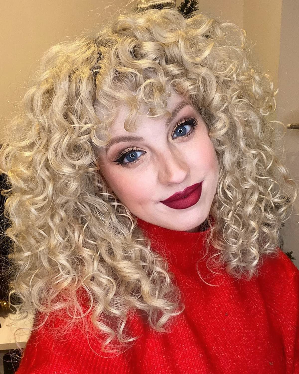 LONAI Curly Wig with Bangs for Black Women Long Black Kinky Wigs with Wispy Bangs WIG006 Curly Gorgeous Fringe Synthetic Wig for Daily Use Party Cosplay-Black