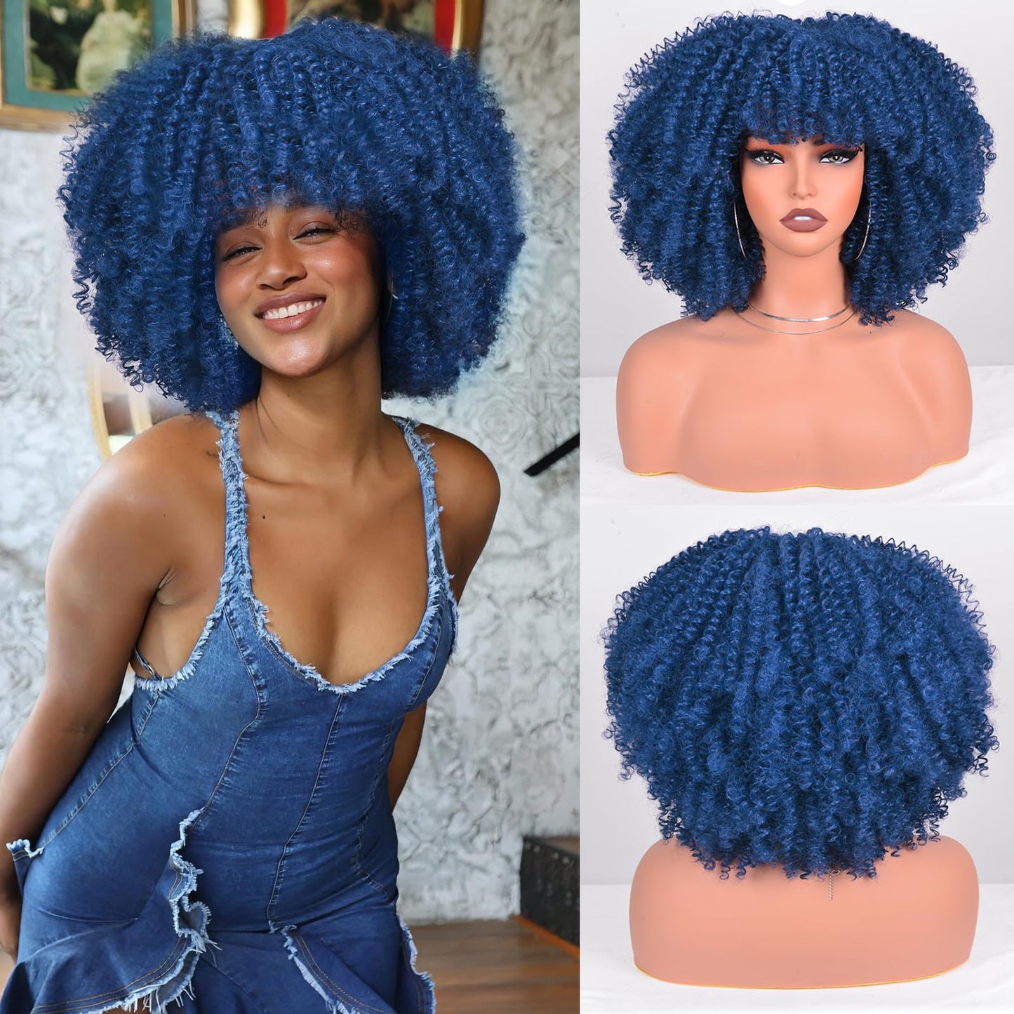 Afro Curly Wig with Bangs 12 Inches Synthetic Afro Wig for Women about 280g/Pcs Heat Resistant Black Short Kinky Curly Wigs for Daily Party