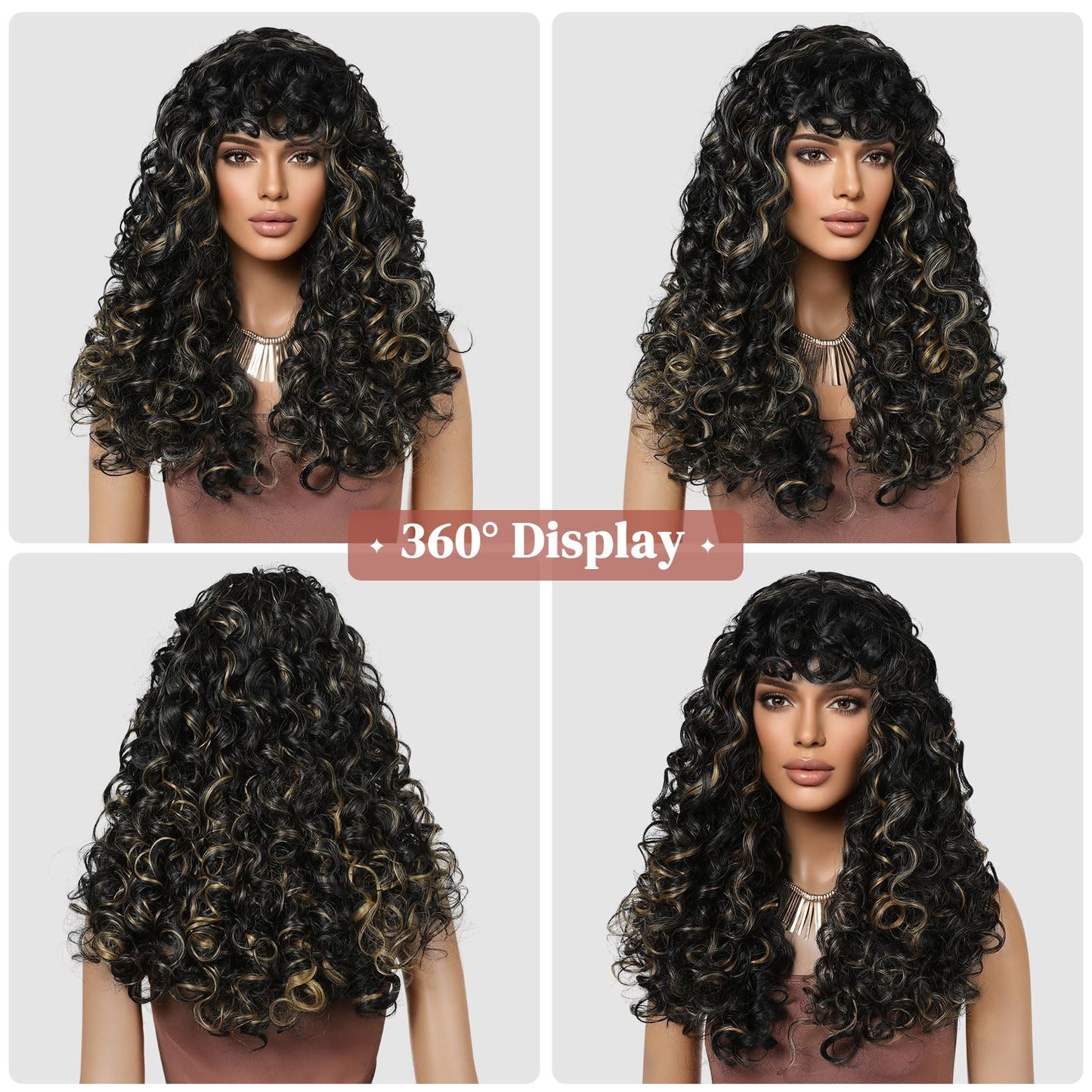 LONAI Curly Wig with Bangs for Black Women Long Black Kinky Wigs with Wispy Bangs WIG006 Curly Gorgeous Fringe Synthetic Wig for Daily Use Party Cosplay-Black