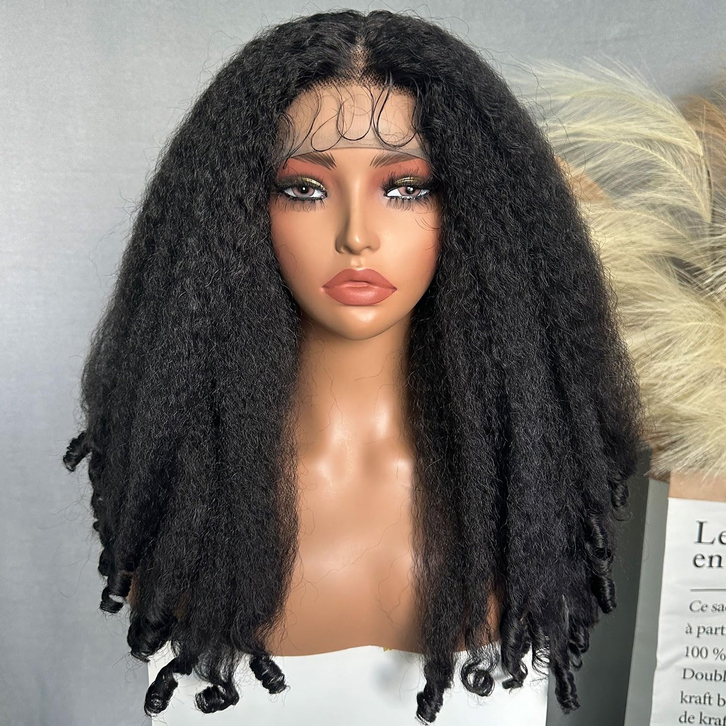 SOKU Afro Curly Lace Front Wig Synthetic Kinky Straight with Curly Ends T Part HD Transparent Swiss Lace Fluffy Bouncy Hair Wigs 20 Inch Dark Brown Heat Friendly Afro Wigs for Black Women