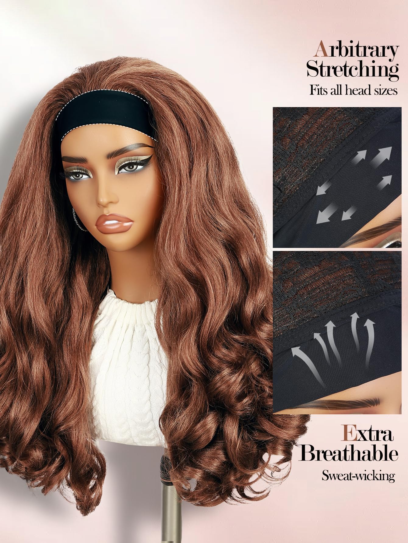 Yaki Wavy Headband Wigs for Black Women 26 Inch Black Kinky Straight Wear and Go Wig with Curly Wavy Ends Synthetic Glueless Half Wig with Headbands Attached Blow Out Style Natural Hair Texture