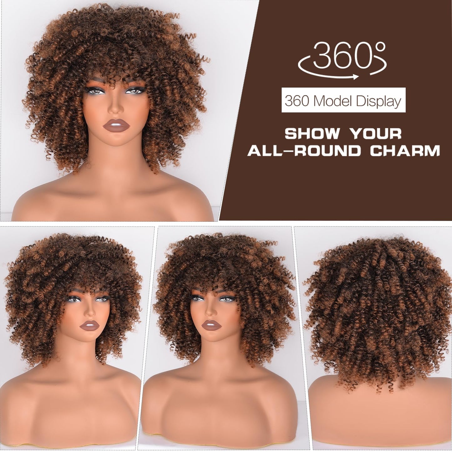 Afro Curly Wig with Bangs 12 Inches Synthetic Afro Wig for Women about 280g/Pcs Heat Resistant Black Short Kinky Curly Wigs for Daily Party
