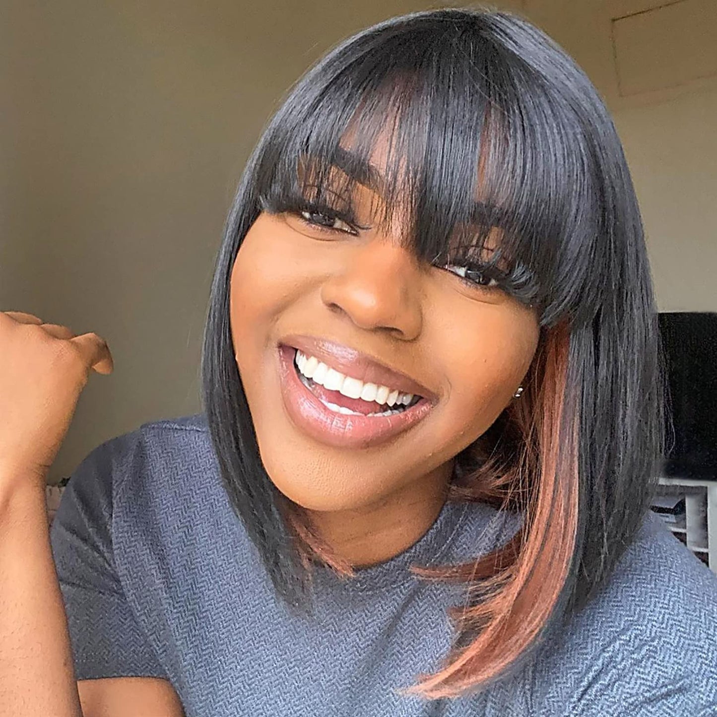 ToyoTress Bob Wig With Bangs - 12 Inch Peek-a-boo Color Short Bob Wig For Black Women Black Mix Brown Daily Costume Wigs, Light Yaki Straight Synthetic Hair Wigs Heat Resistant (12 Inch, SH30-612H)