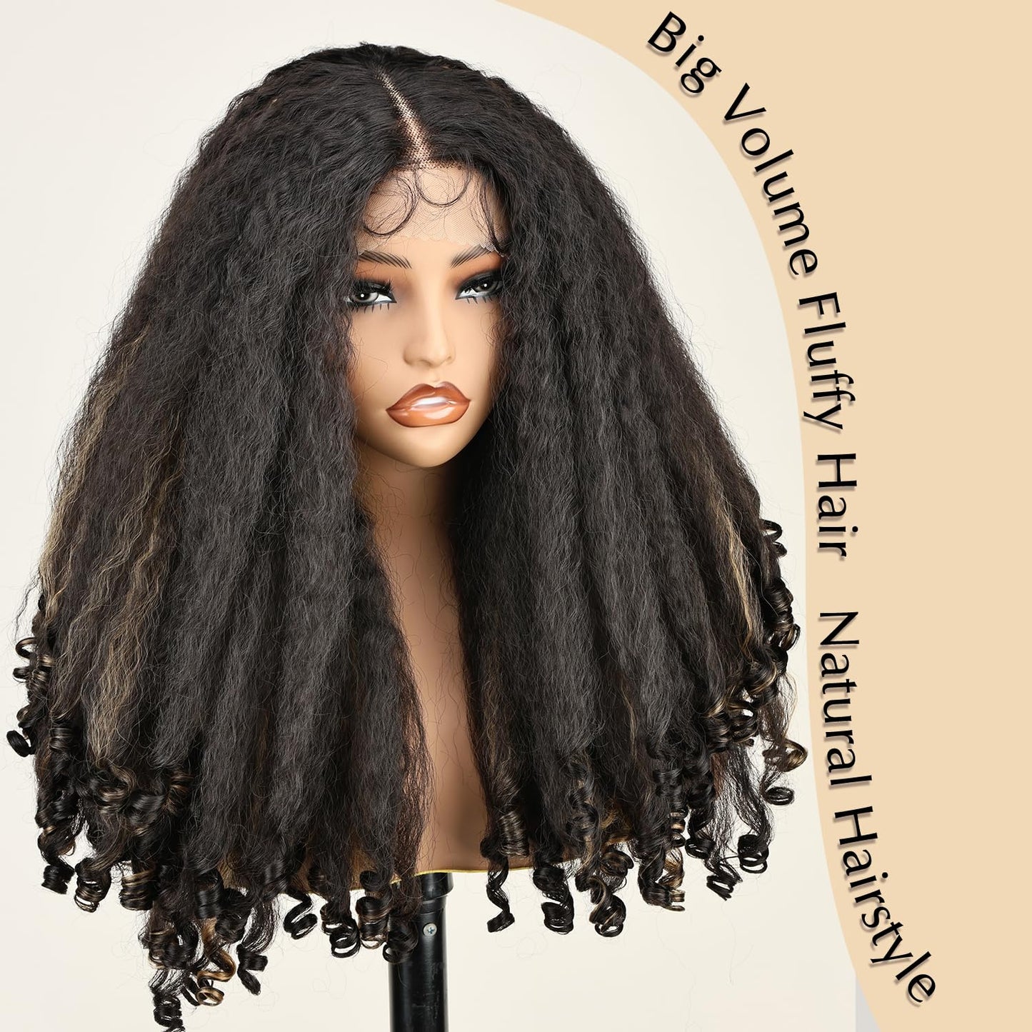 SOKU Afro Curly Lace Front Wig Synthetic Kinky Straight with Curly Ends T Part HD Transparent Swiss Lace Fluffy Bouncy Hair Wigs 20 Inch Dark Brown Heat Friendly Afro Wigs for Black Women