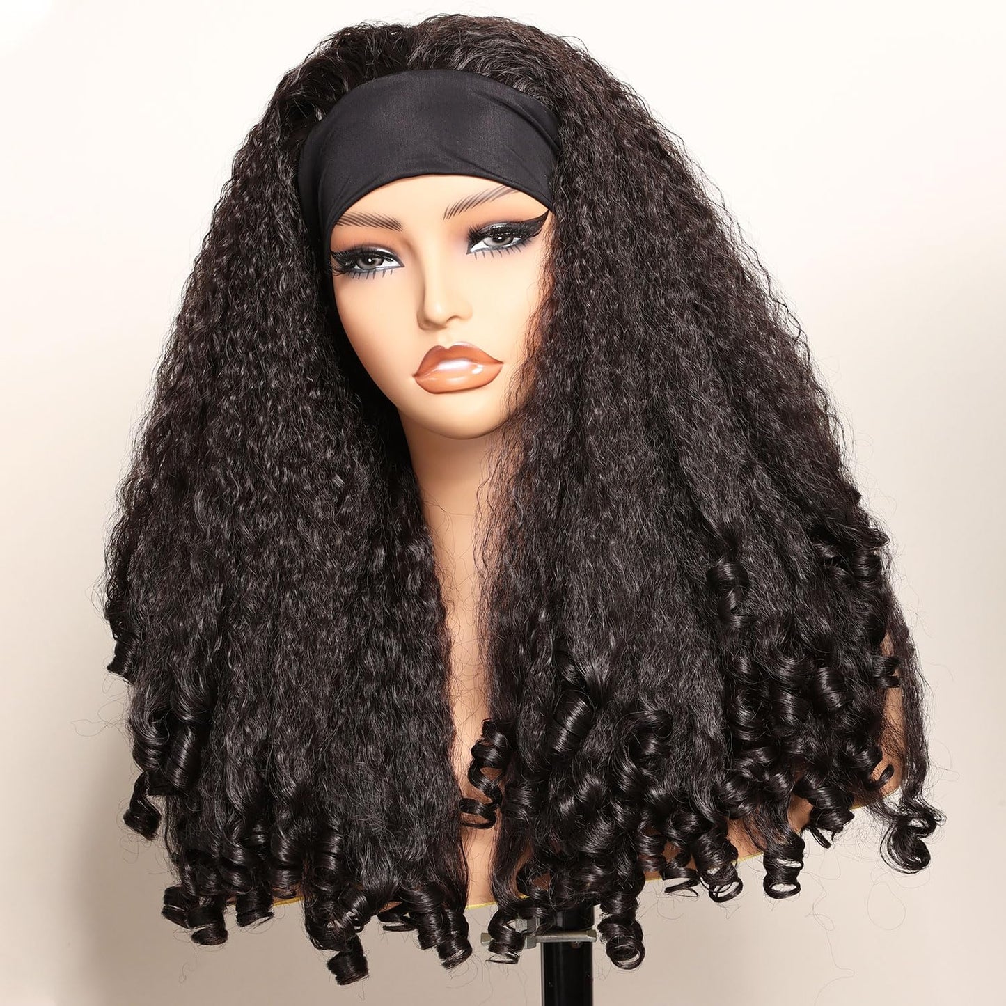 SOKU Afro Curly Lace Front Wig Synthetic Kinky Straight with Curly Ends T Part HD Transparent Swiss Lace Fluffy Bouncy Hair Wigs 20 Inch Dark Brown Heat Friendly Afro Wigs for Black Women