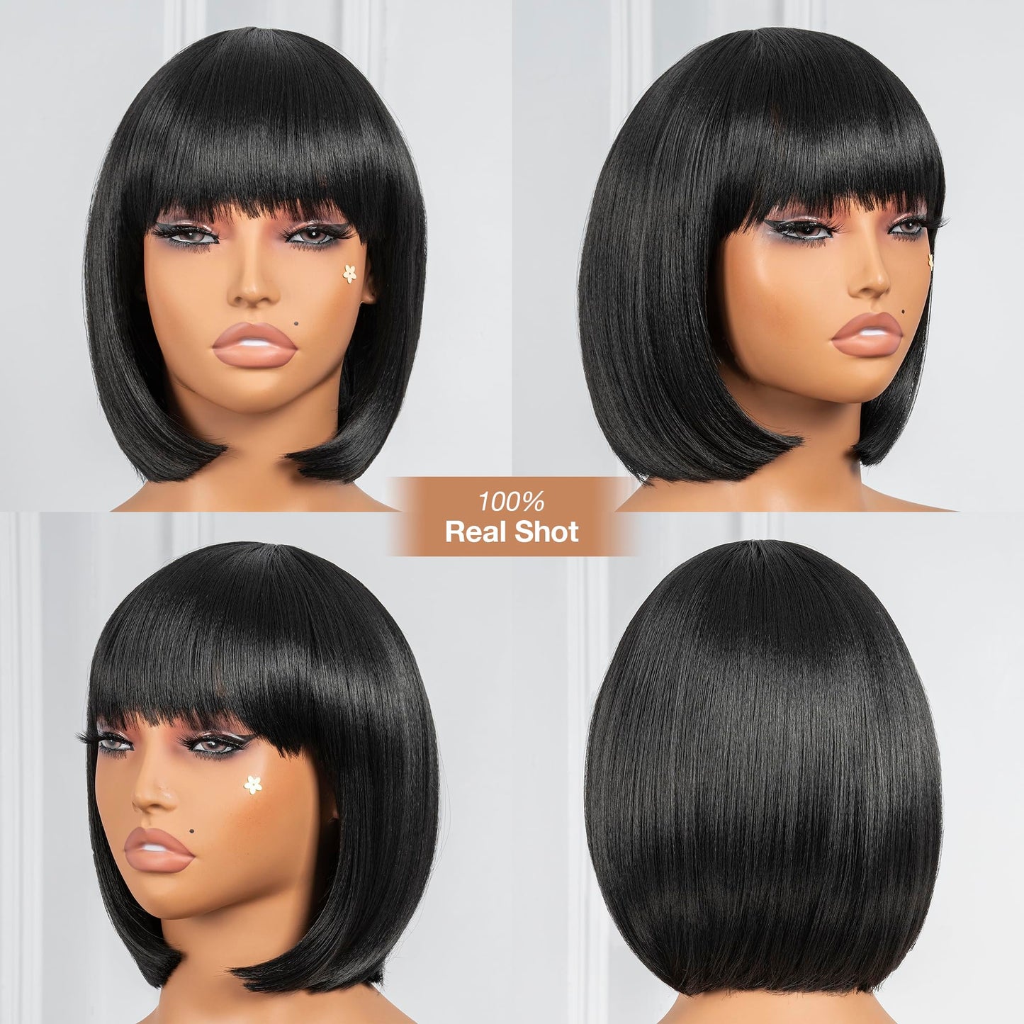 ToyoTress Bob Wig With Bangs - 12 Inch Peek-a-boo Color Short Bob Wig For Black Women Black Mix Brown Daily Costume Wigs, Light Yaki Straight Synthetic Hair Wigs Heat Resistant (12 Inch, SH30-612H)