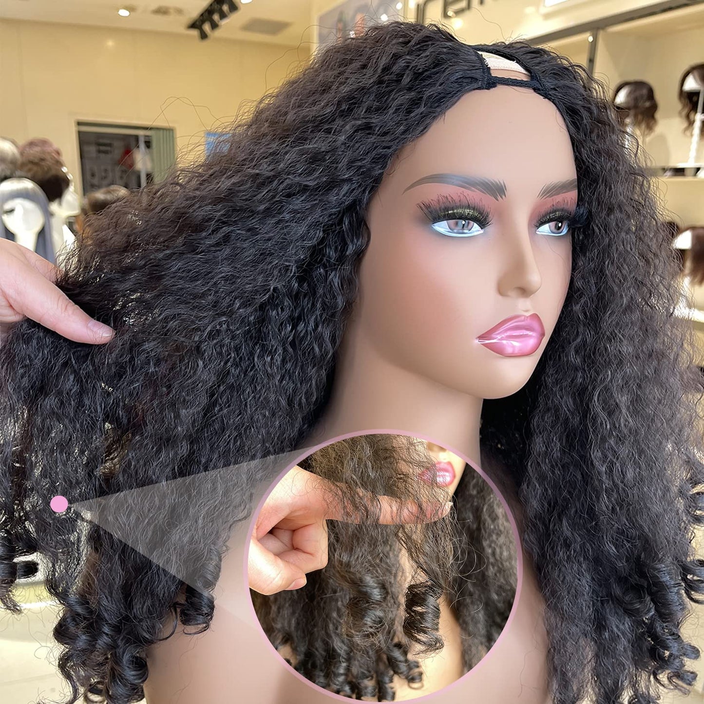 SOKU Afro Curly Lace Front Wig Synthetic Kinky Straight with Curly Ends T Part HD Transparent Swiss Lace Fluffy Bouncy Hair Wigs 20 Inch Dark Brown Heat Friendly Afro Wigs for Black Women