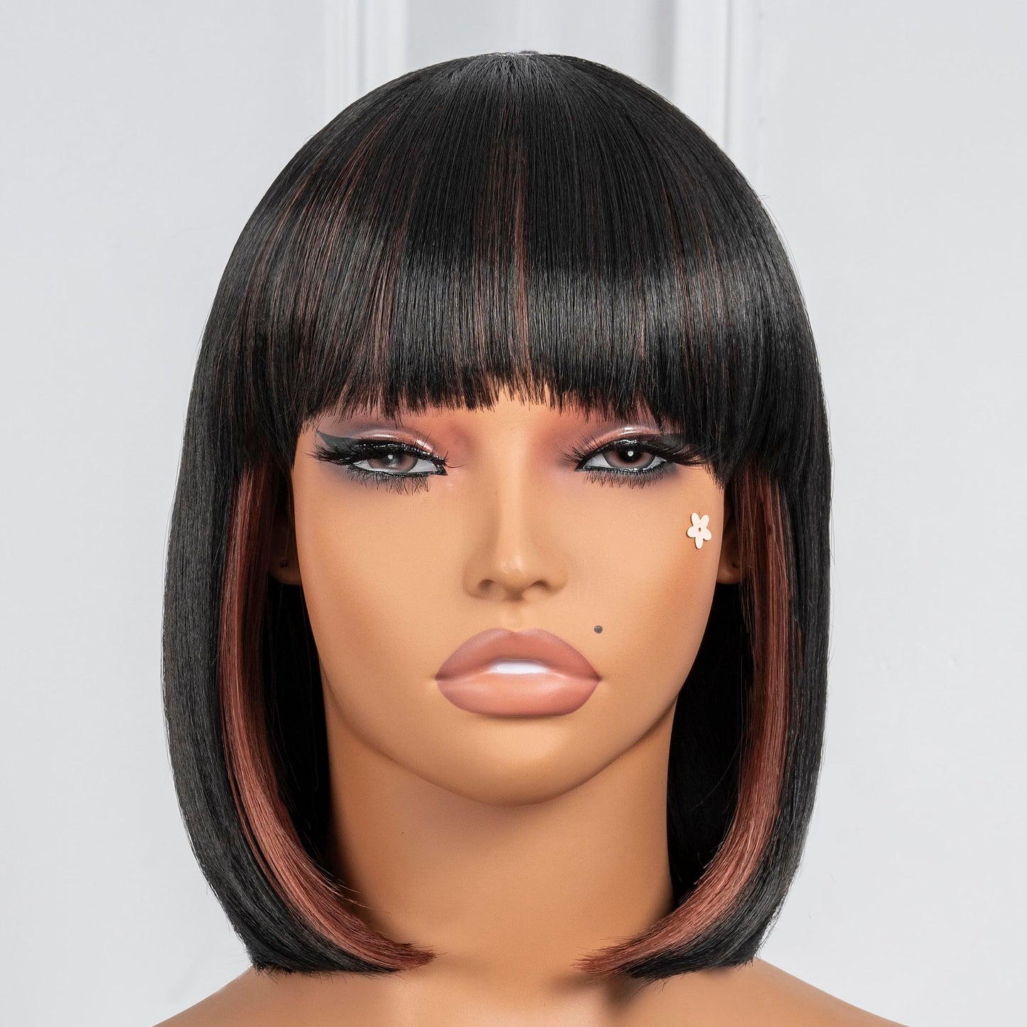 ToyoTress Bob Wig With Bangs - 12 Inch Peek-a-boo Color Short Bob Wig For Black Women Black Mix Brown Daily Costume Wigs, Light Yaki Straight Synthetic Hair Wigs Heat Resistant (12 Inch, SH30-612H)