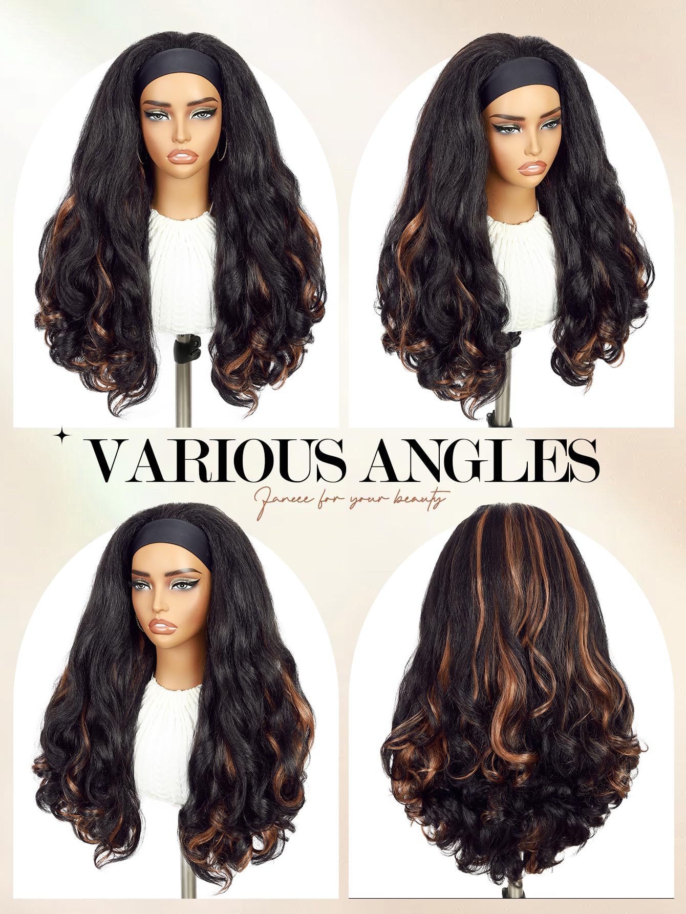 Yaki Wavy Headband Wigs for Black Women 26 Inch Black Kinky Straight Wear and Go Wig with Curly Wavy Ends Synthetic Glueless Half Wig with Headbands Attached Blow Out Style Natural Hair Texture