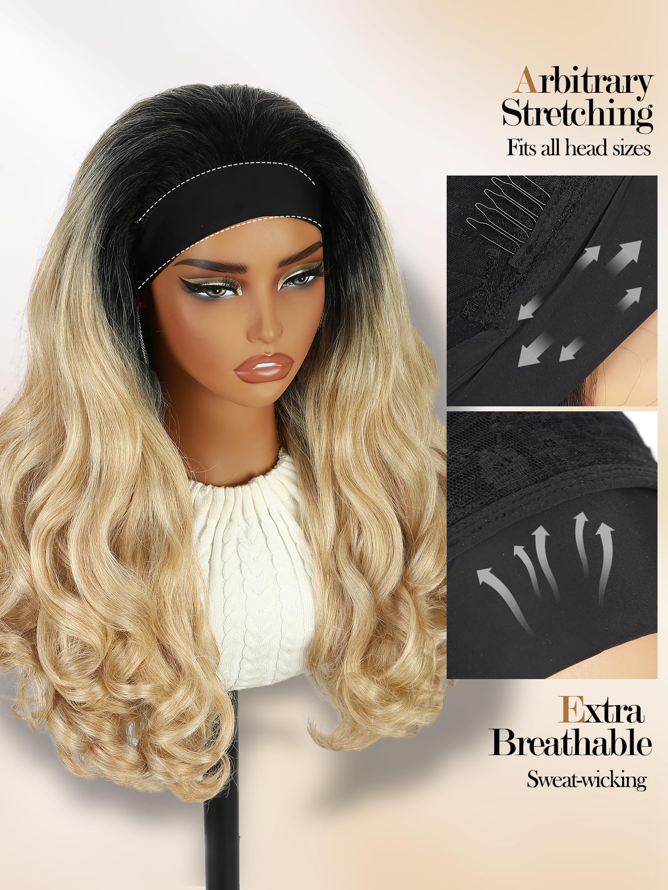 Yaki Wavy Headband Wigs for Black Women 26 Inch Black Kinky Straight Wear and Go Wig with Curly Wavy Ends Synthetic Glueless Half Wig with Headbands Attached Blow Out Style Natural Hair Texture