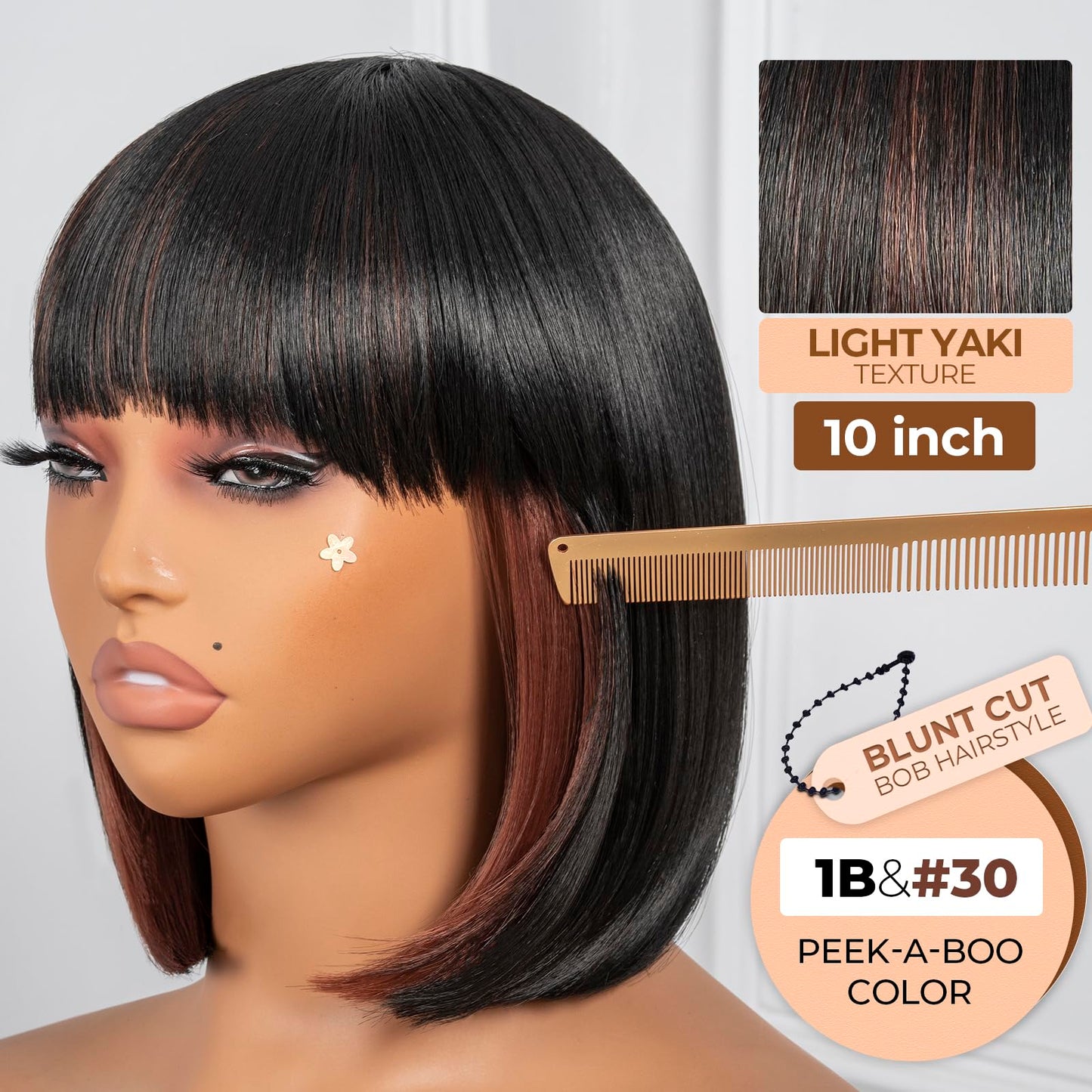 ToyoTress Bob Wig With Bangs - 12 Inch Peek-a-boo Color Short Bob Wig For Black Women Black Mix Brown Daily Costume Wigs, Light Yaki Straight Synthetic Hair Wigs Heat Resistant (12 Inch, SH30-612H)