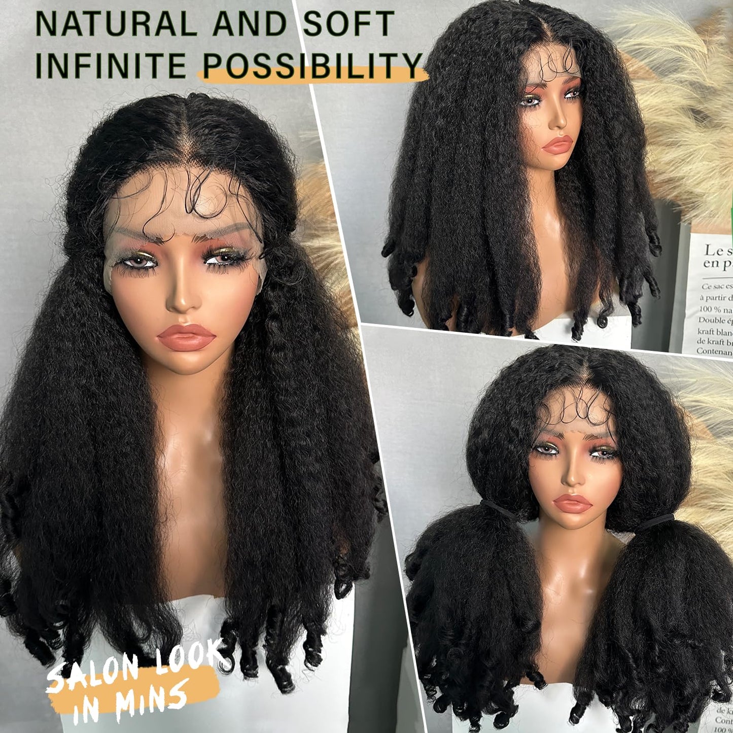 SOKU Afro Curly Lace Front Wig Synthetic Kinky Straight with Curly Ends T Part HD Transparent Swiss Lace Fluffy Bouncy Hair Wigs 20 Inch Dark Brown Heat Friendly Afro Wigs for Black Women