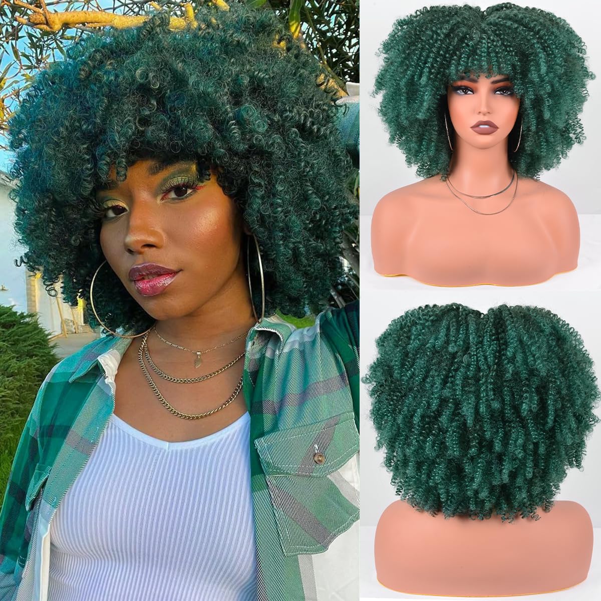 Afro Curly Wig with Bangs 12 Inches Synthetic Afro Wig for Women about 280g/Pcs Heat Resistant Black Short Kinky Curly Wigs for Daily Party