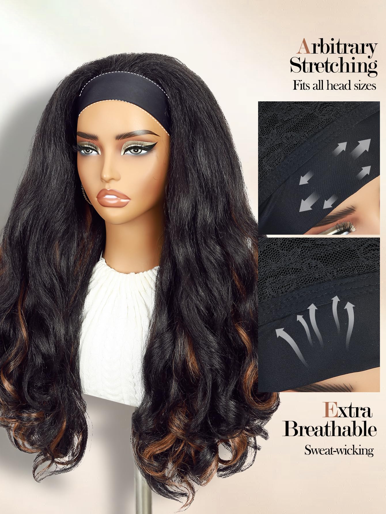 Yaki Wavy Headband Wigs for Black Women 26 Inch Black Kinky Straight Wear and Go Wig with Curly Wavy Ends Synthetic Glueless Half Wig with Headbands Attached Blow Out Style Natural Hair Texture