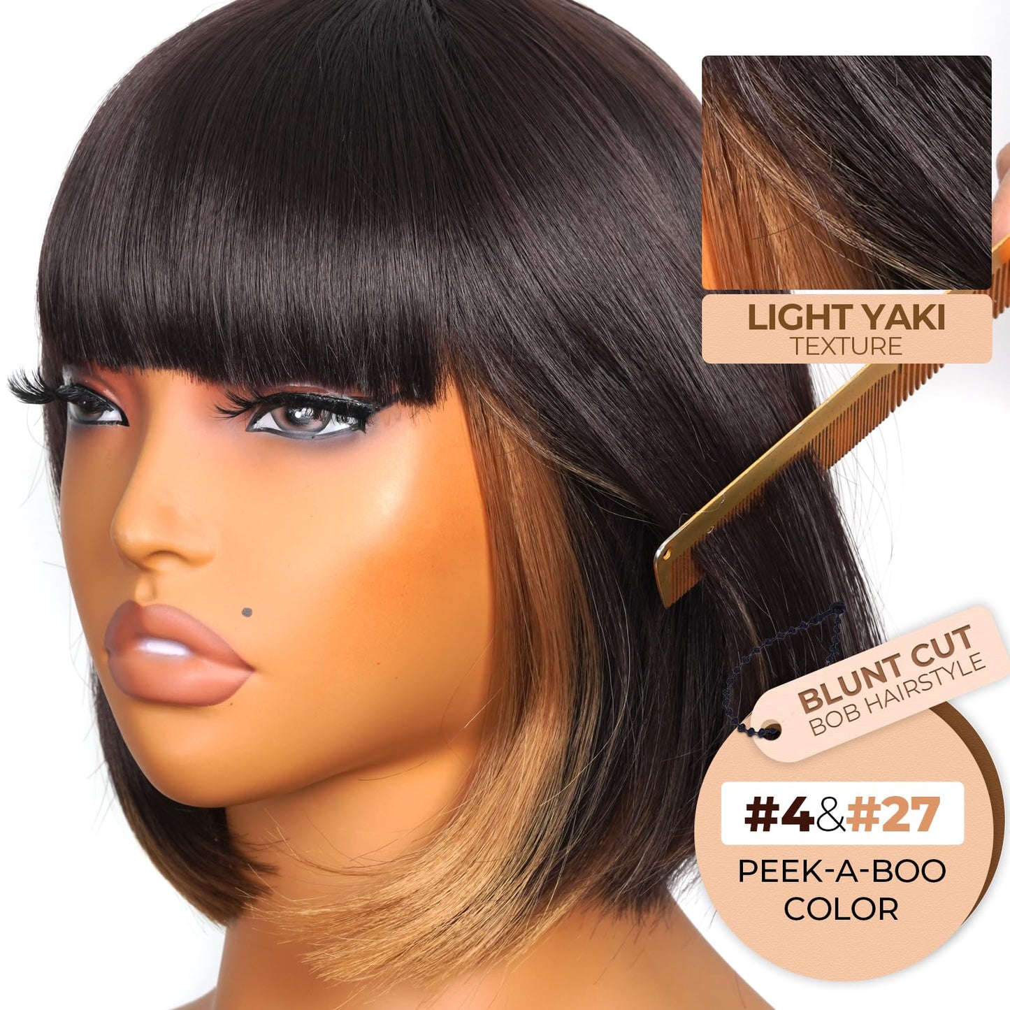 ToyoTress Bob Wig With Bangs - 12 Inch Peek-a-boo Color Short Bob Wig For Black Women Black Mix Brown Daily Costume Wigs, Light Yaki Straight Synthetic Hair Wigs Heat Resistant (12 Inch, SH30-612H)