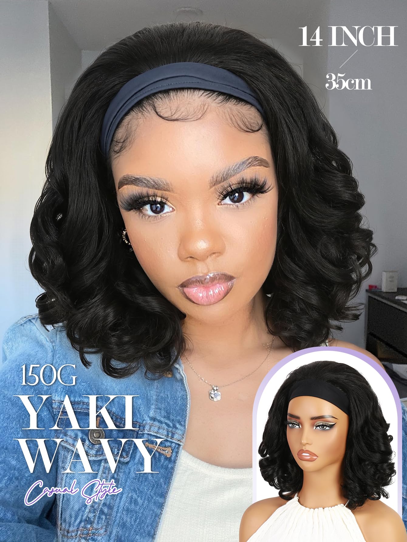 Yaki Wavy Headband Wigs for Black Women 26 Inch Black Kinky Straight Wear and Go Wig with Curly Wavy Ends Synthetic Glueless Half Wig with Headbands Attached Blow Out Style Natural Hair Texture