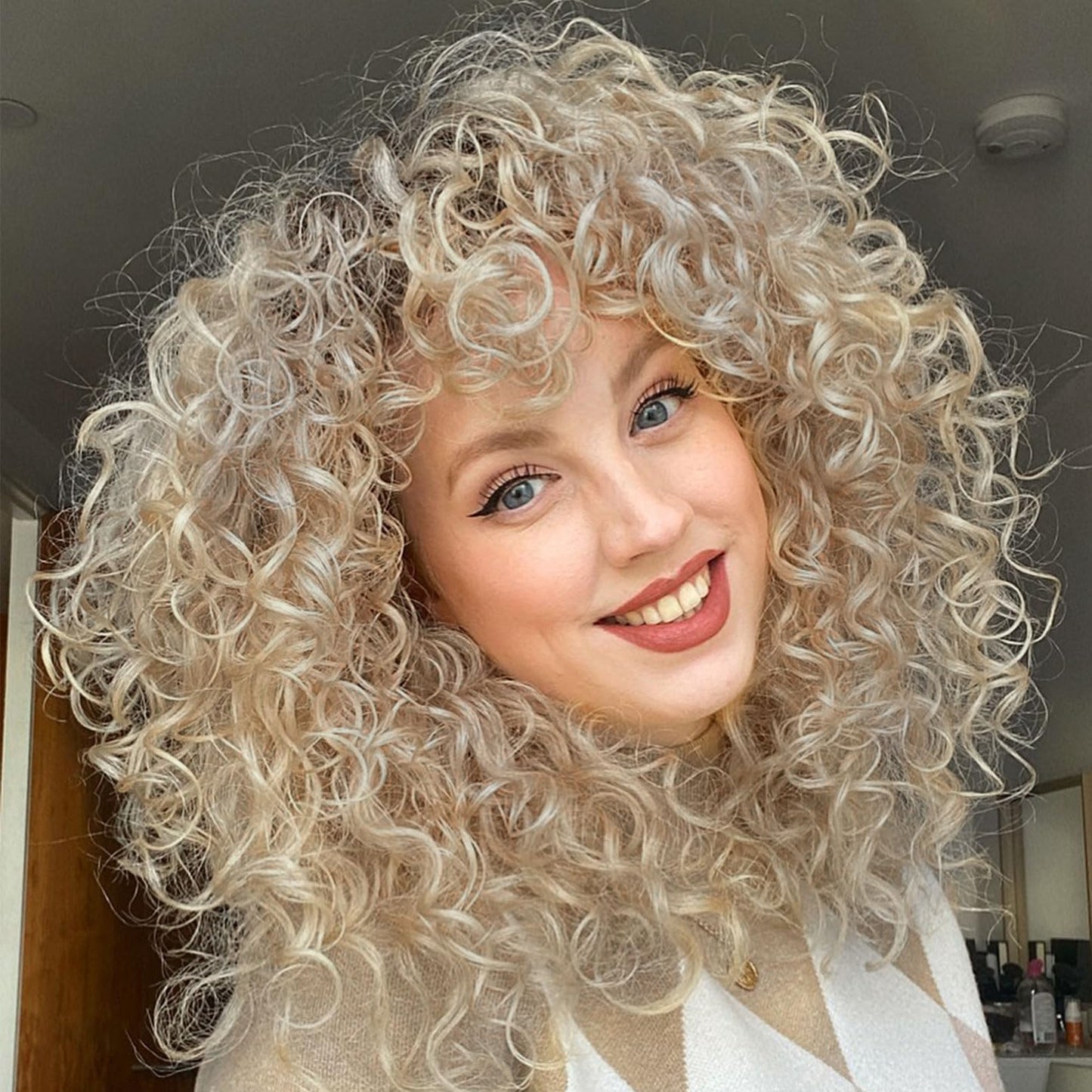 LONAI Curly Wig with Bangs for Black Women Long Black Kinky Wigs with Wispy Bangs WIG006 Curly Gorgeous Fringe Synthetic Wig for Daily Use Party Cosplay-Black
