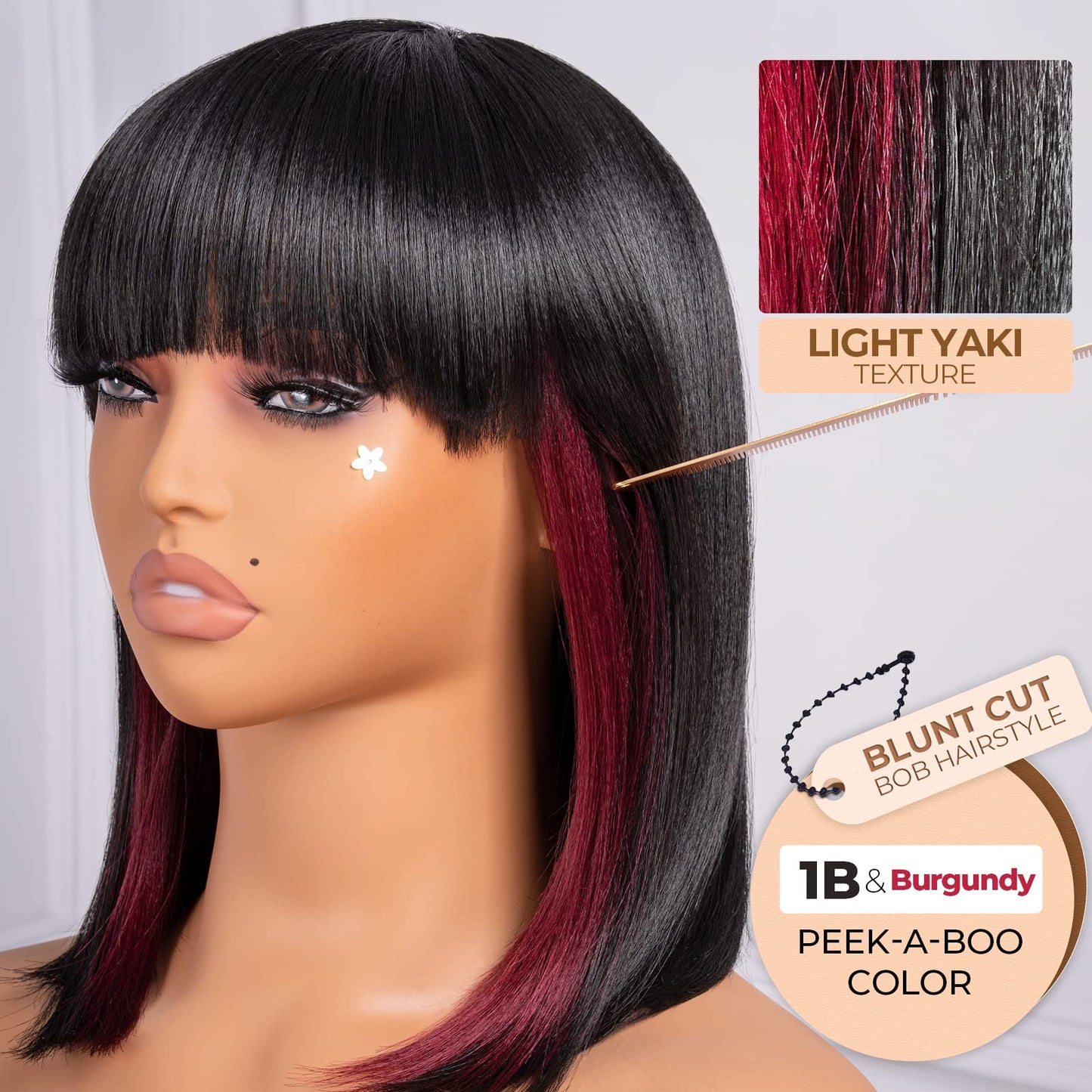 ToyoTress Bob Wig With Bangs - 12 Inch Peek-a-boo Color Short Bob Wig For Black Women Black Mix Brown Daily Costume Wigs, Light Yaki Straight Synthetic Hair Wigs Heat Resistant (12 Inch, SH30-612H)
