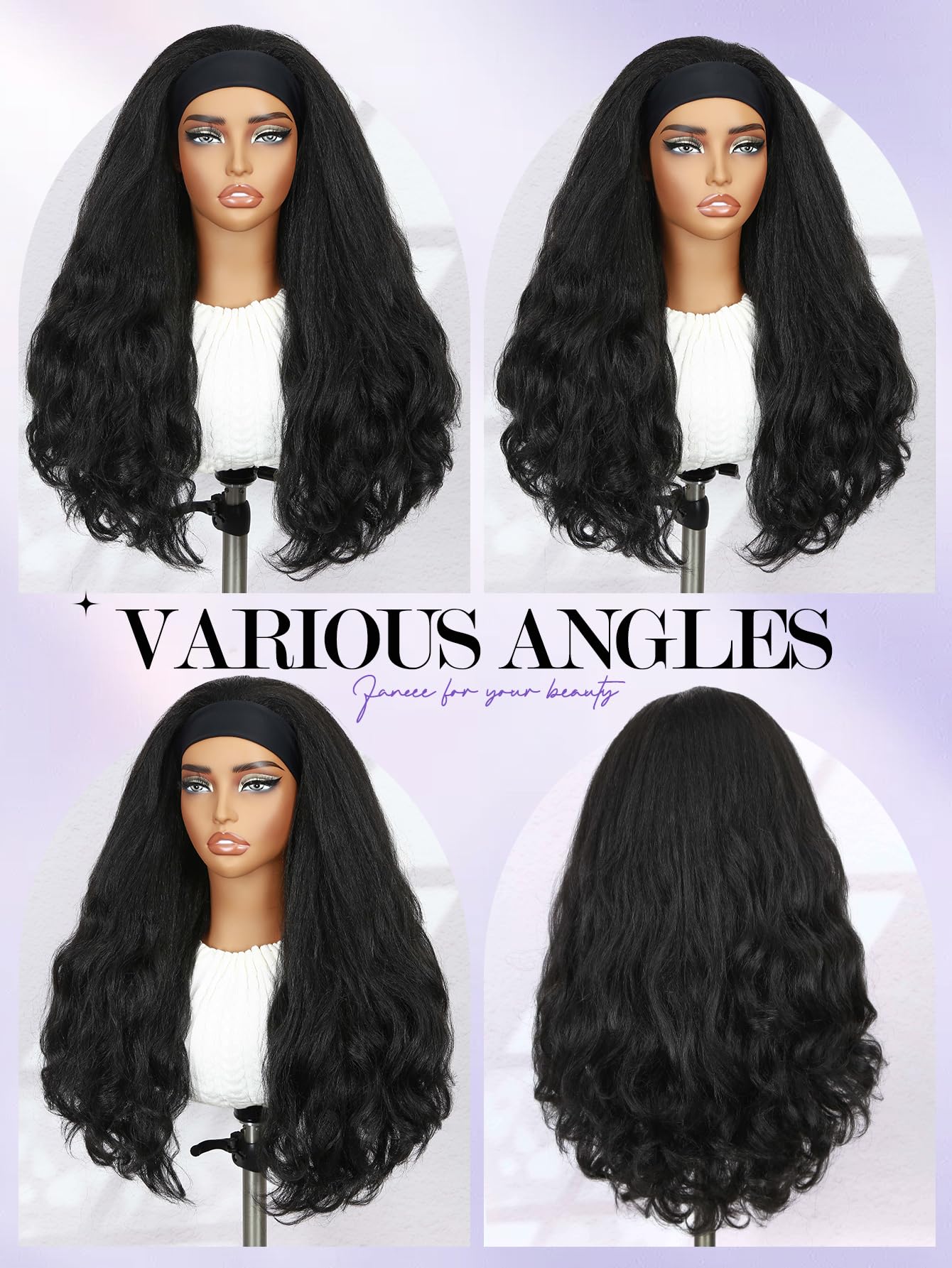 Yaki Wavy Headband Wigs for Black Women 26 Inch Black Kinky Straight Wear and Go Wig with Curly Wavy Ends Synthetic Glueless Half Wig with Headbands Attached Blow Out Style Natural Hair Texture