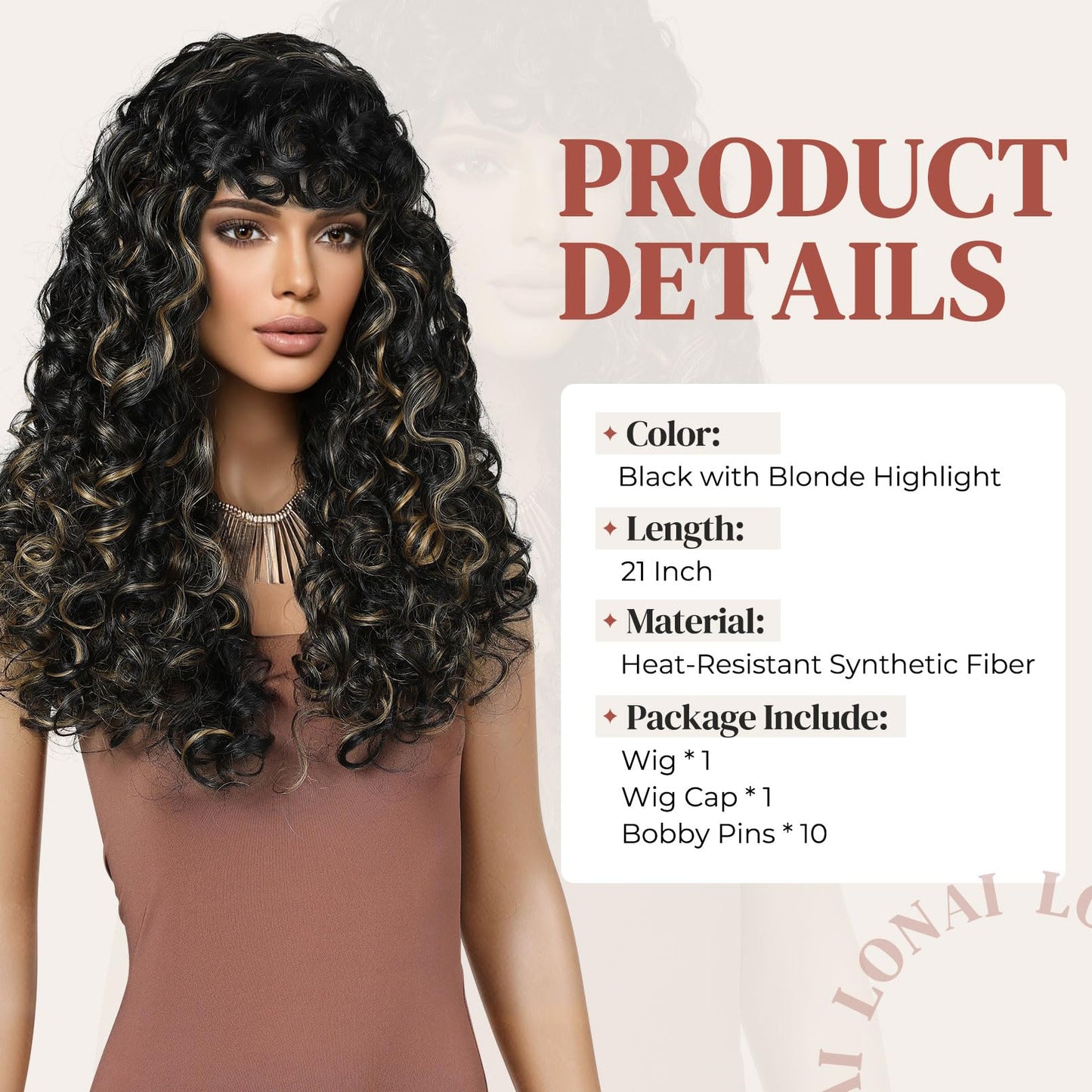 LONAI Curly Wig with Bangs for Black Women Long Black Kinky Wigs with Wispy Bangs WIG006 Curly Gorgeous Fringe Synthetic Wig for Daily Use Party Cosplay-Black