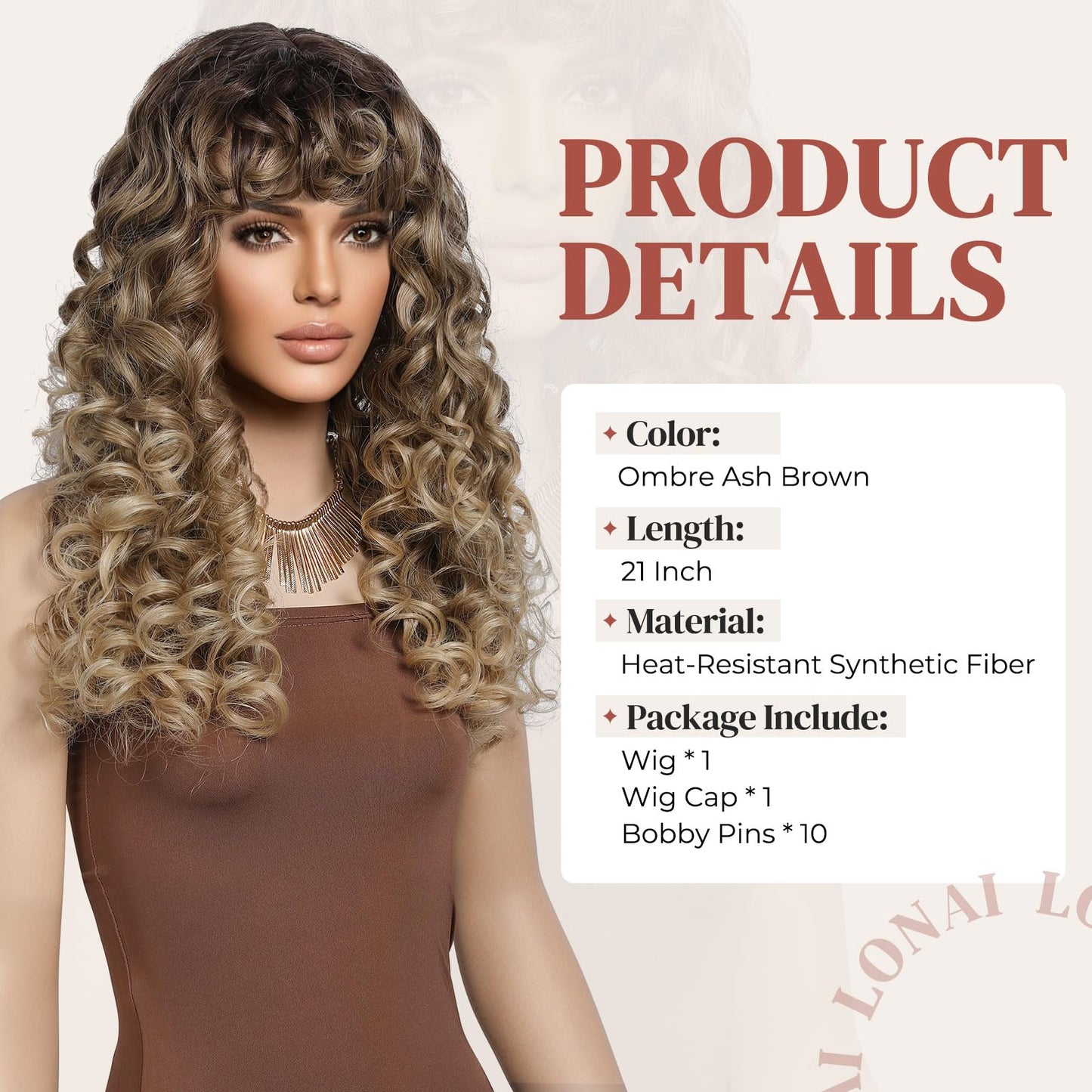 LONAI Curly Wig with Bangs for Black Women Long Black Kinky Wigs with Wispy Bangs WIG006 Curly Gorgeous Fringe Synthetic Wig for Daily Use Party Cosplay-Black