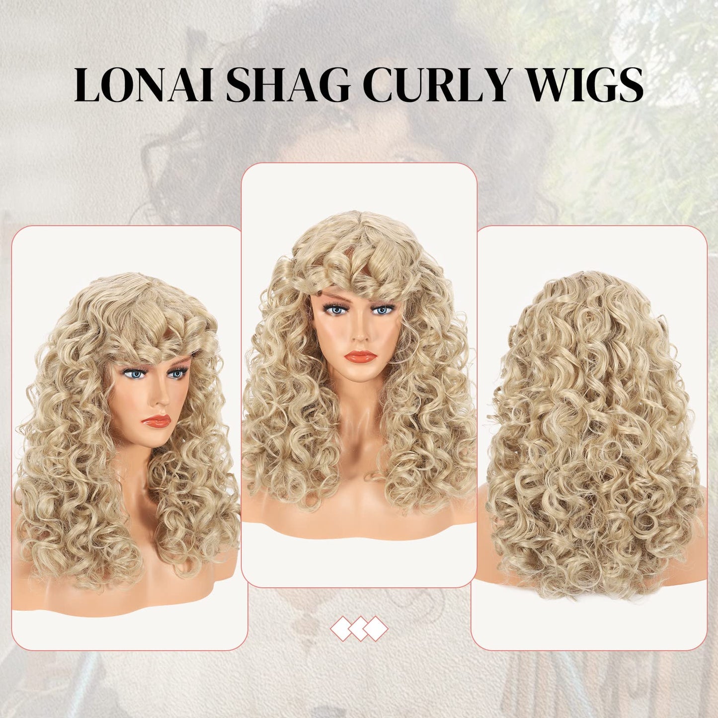 LONAI Curly Wig with Bangs for Black Women Long Black Kinky Wigs with Wispy Bangs WIG006 Curly Gorgeous Fringe Synthetic Wig for Daily Use Party Cosplay-Black