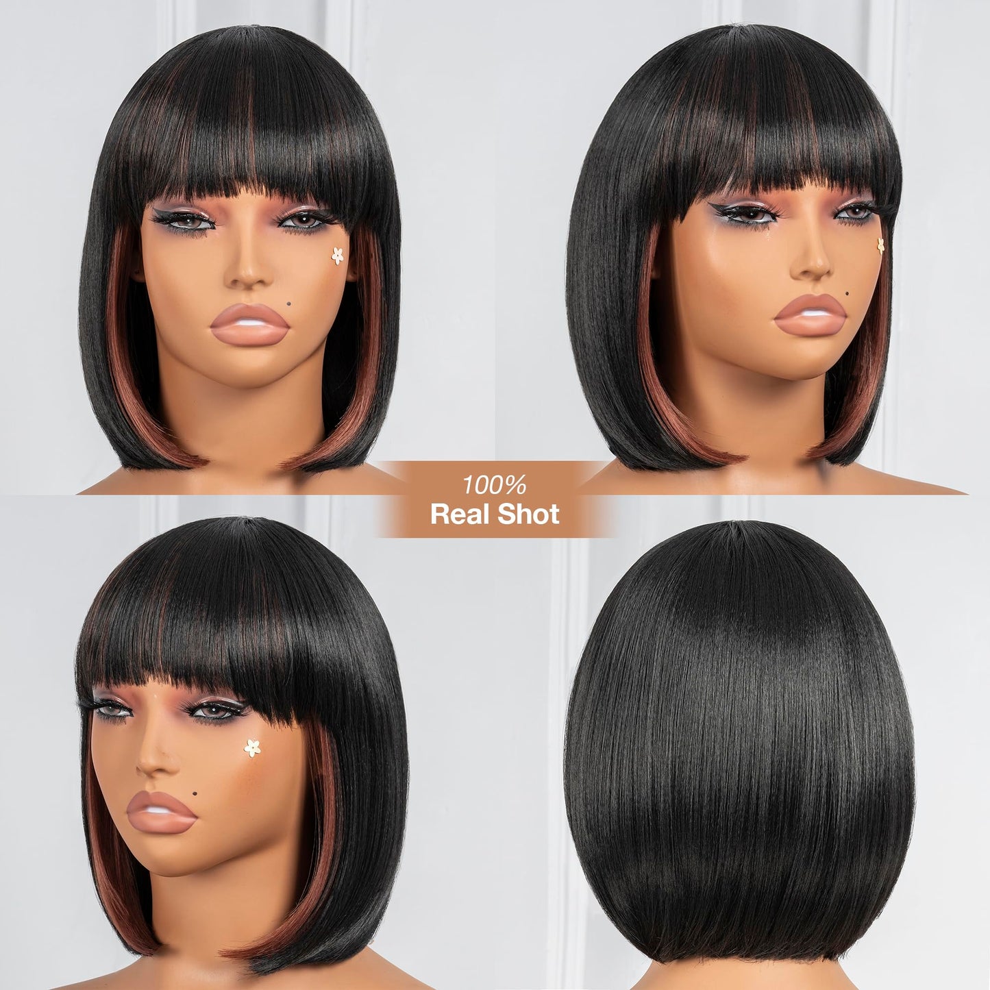 ToyoTress Bob Wig With Bangs - 12 Inch Peek-a-boo Color Short Bob Wig For Black Women Black Mix Brown Daily Costume Wigs, Light Yaki Straight Synthetic Hair Wigs Heat Resistant (12 Inch, SH30-612H)
