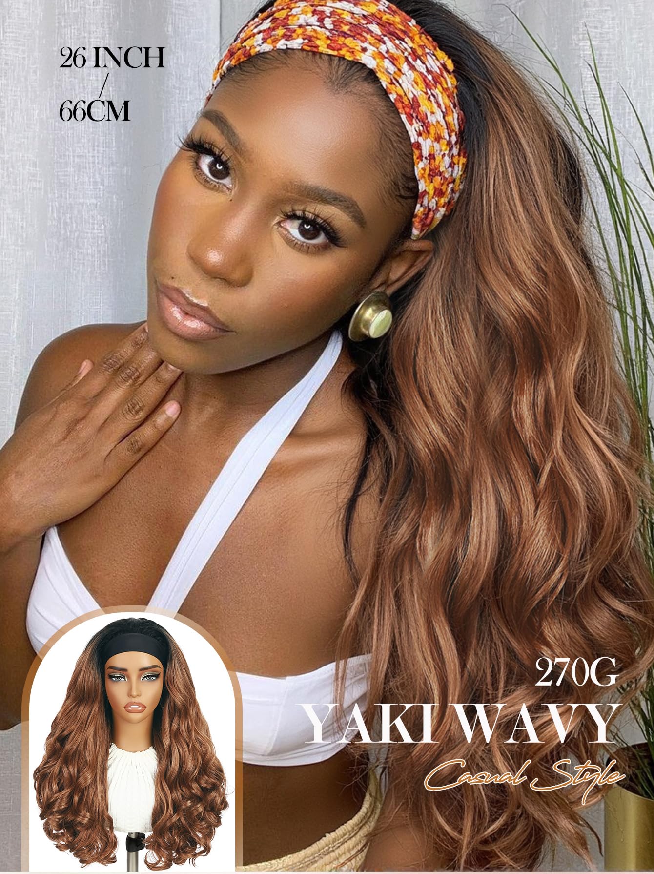 Yaki Wavy Headband Wigs for Black Women 26 Inch Black Kinky Straight Wear and Go Wig with Curly Wavy Ends Synthetic Glueless Half Wig with Headbands Attached Blow Out Style Natural Hair Texture