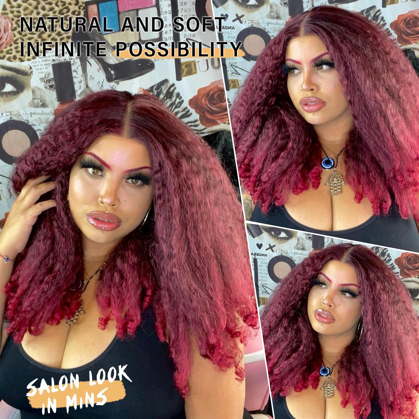 SOKU Afro Curly Lace Front Wig Synthetic Kinky Straight with Curly Ends T Part HD Transparent Swiss Lace Fluffy Bouncy Hair Wigs 20 Inch Dark Brown Heat Friendly Afro Wigs for Black Women