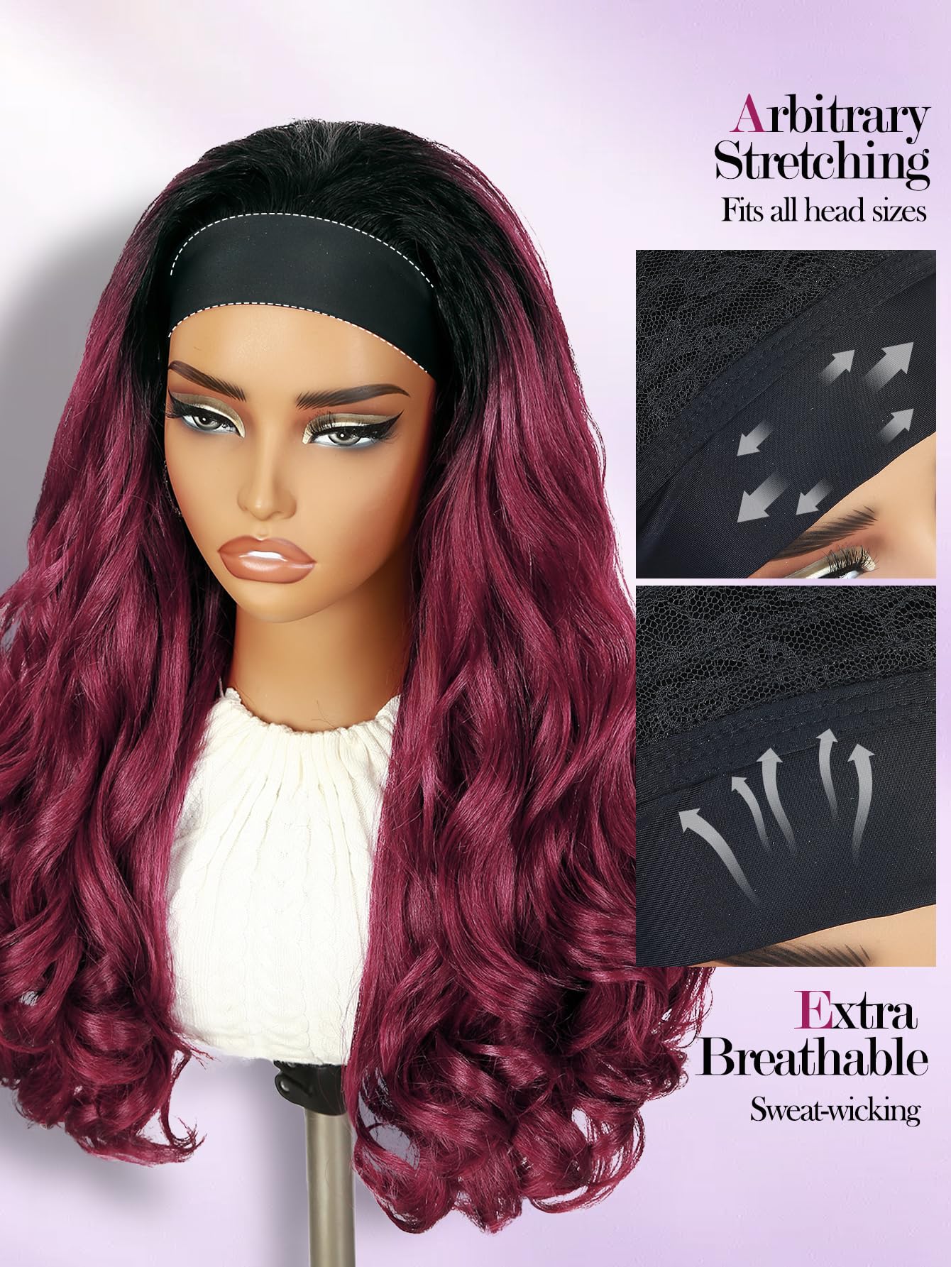 Yaki Wavy Headband Wigs for Black Women 26 Inch Black Kinky Straight Wear and Go Wig with Curly Wavy Ends Synthetic Glueless Half Wig with Headbands Attached Blow Out Style Natural Hair Texture