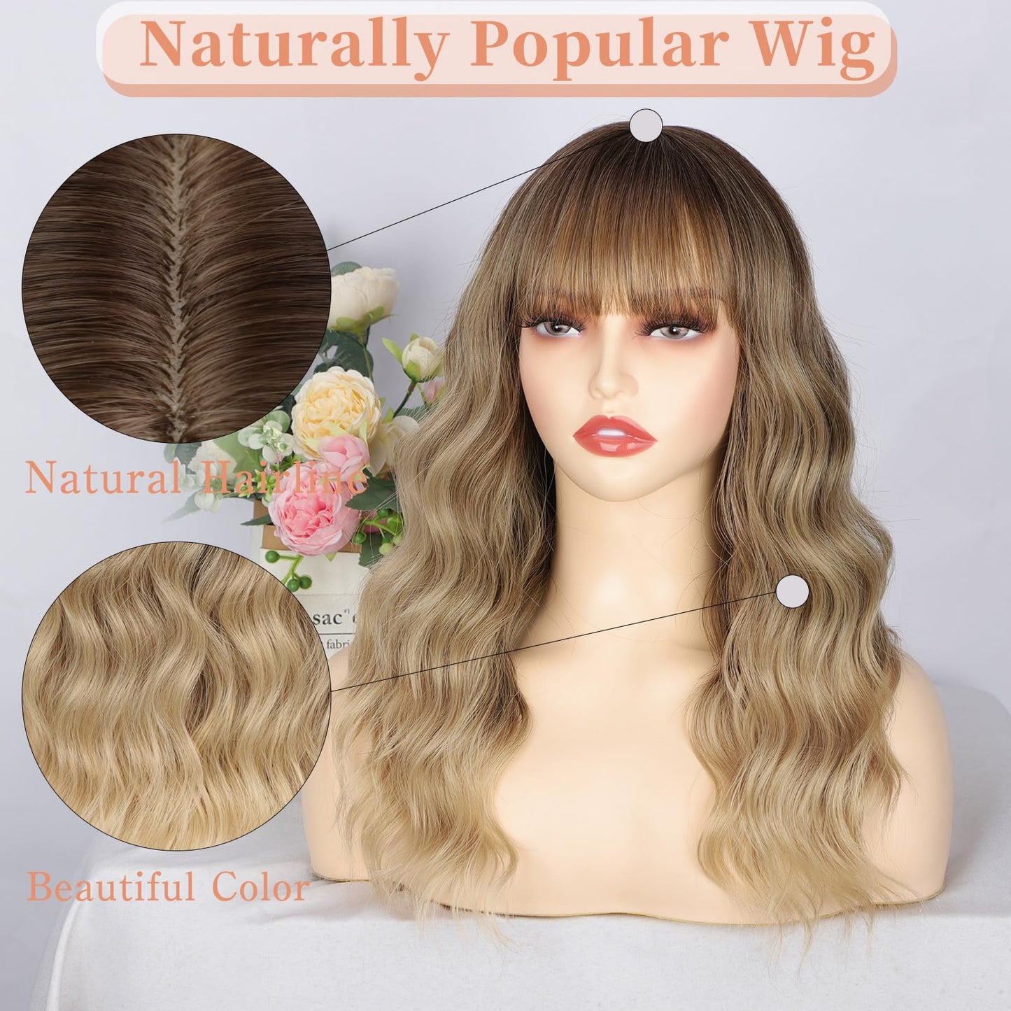 Blonde Wig with Bangs Dirty Blonde Wig for Women Long Wavy Curly Heat Resistant Fiber Synthetic for Daily Party Use (20inch)
