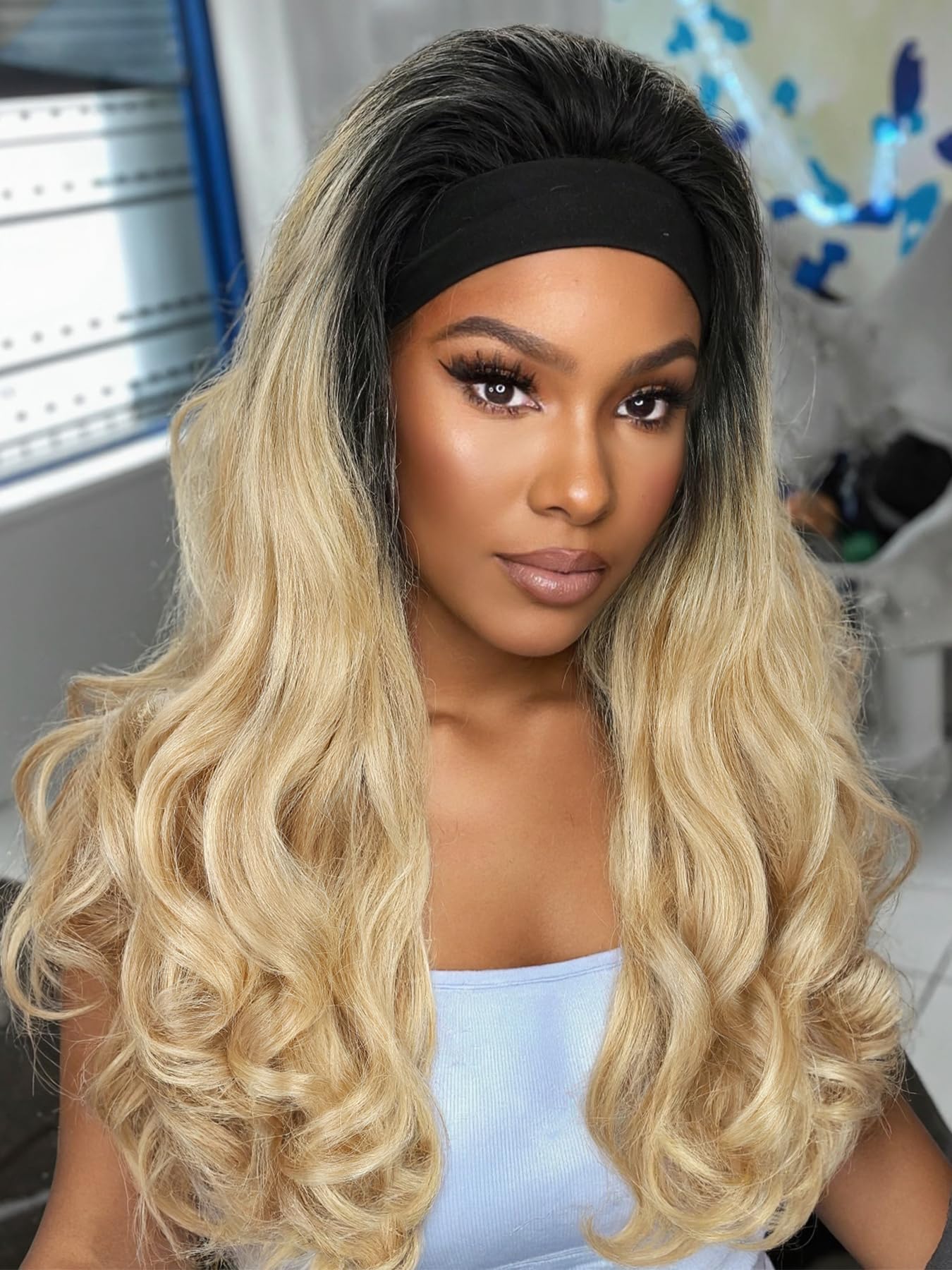 Yaki Wavy Headband Wigs for Black Women 26 Inch Black Kinky Straight Wear and Go Wig with Curly Wavy Ends Synthetic Glueless Half Wig with Headbands Attached Blow Out Style Natural Hair Texture