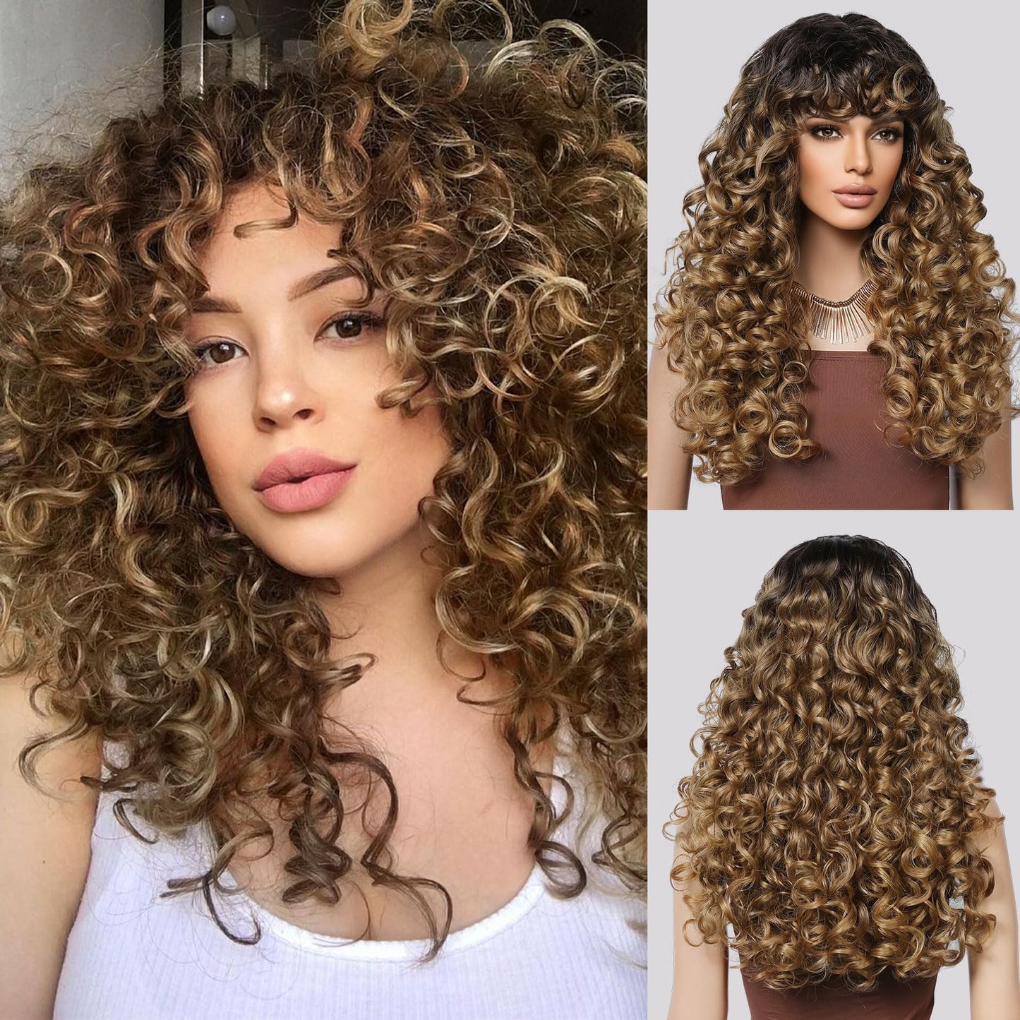 LONAI Curly Wig with Bangs for Black Women Long Black Kinky Wigs with Wispy Bangs WIG006 Curly Gorgeous Fringe Synthetic Wig for Daily Use Party Cosplay-Black