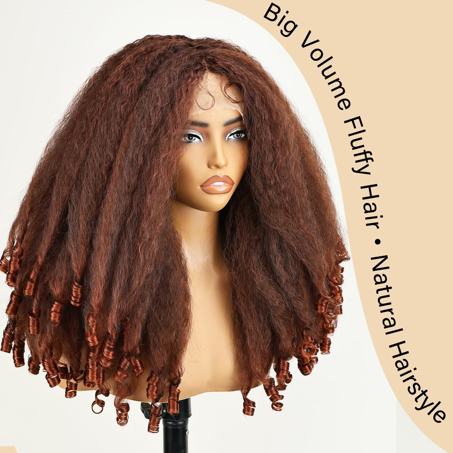 SOKU Afro Curly Lace Front Wig Synthetic Kinky Straight with Curly Ends T Part HD Transparent Swiss Lace Fluffy Bouncy Hair Wigs 20 Inch Dark Brown Heat Friendly Afro Wigs for Black Women