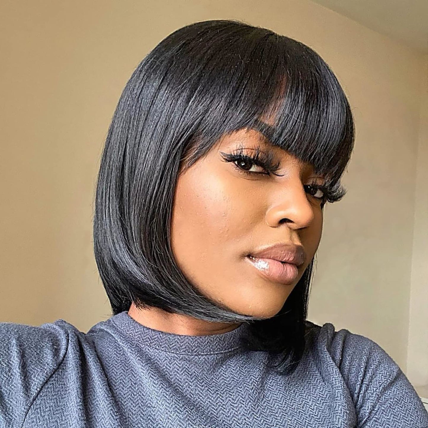ToyoTress Bob Wig With Bangs - 12 Inch Peek-a-boo Color Short Bob Wig For Black Women Black Mix Brown Daily Costume Wigs, Light Yaki Straight Synthetic Hair Wigs Heat Resistant (12 Inch, SH30-612H)