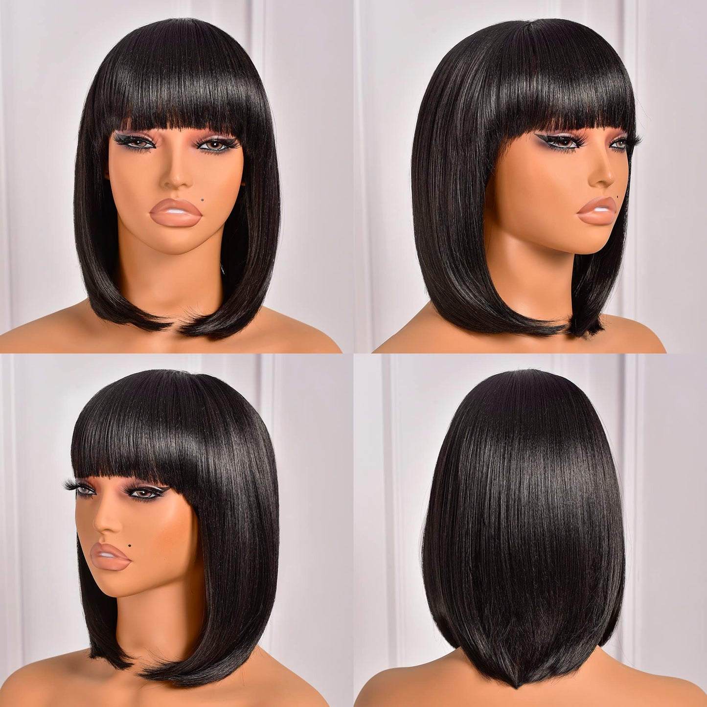 ToyoTress Bob Wig With Bangs - 12 Inch Peek-a-boo Color Short Bob Wig For Black Women Black Mix Brown Daily Costume Wigs, Light Yaki Straight Synthetic Hair Wigs Heat Resistant (12 Inch, SH30-612H)