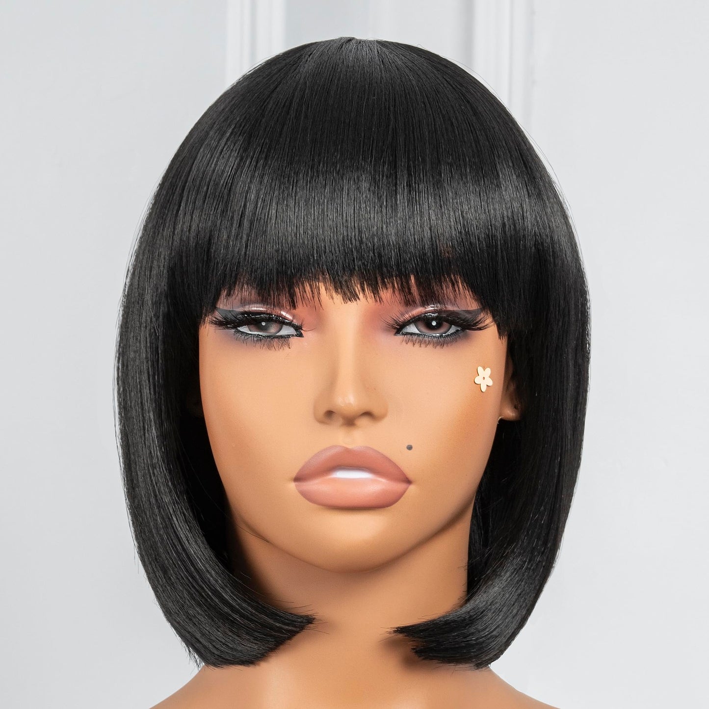 ToyoTress Bob Wig With Bangs - 12 Inch Peek-a-boo Color Short Bob Wig For Black Women Black Mix Brown Daily Costume Wigs, Light Yaki Straight Synthetic Hair Wigs Heat Resistant (12 Inch, SH30-612H)