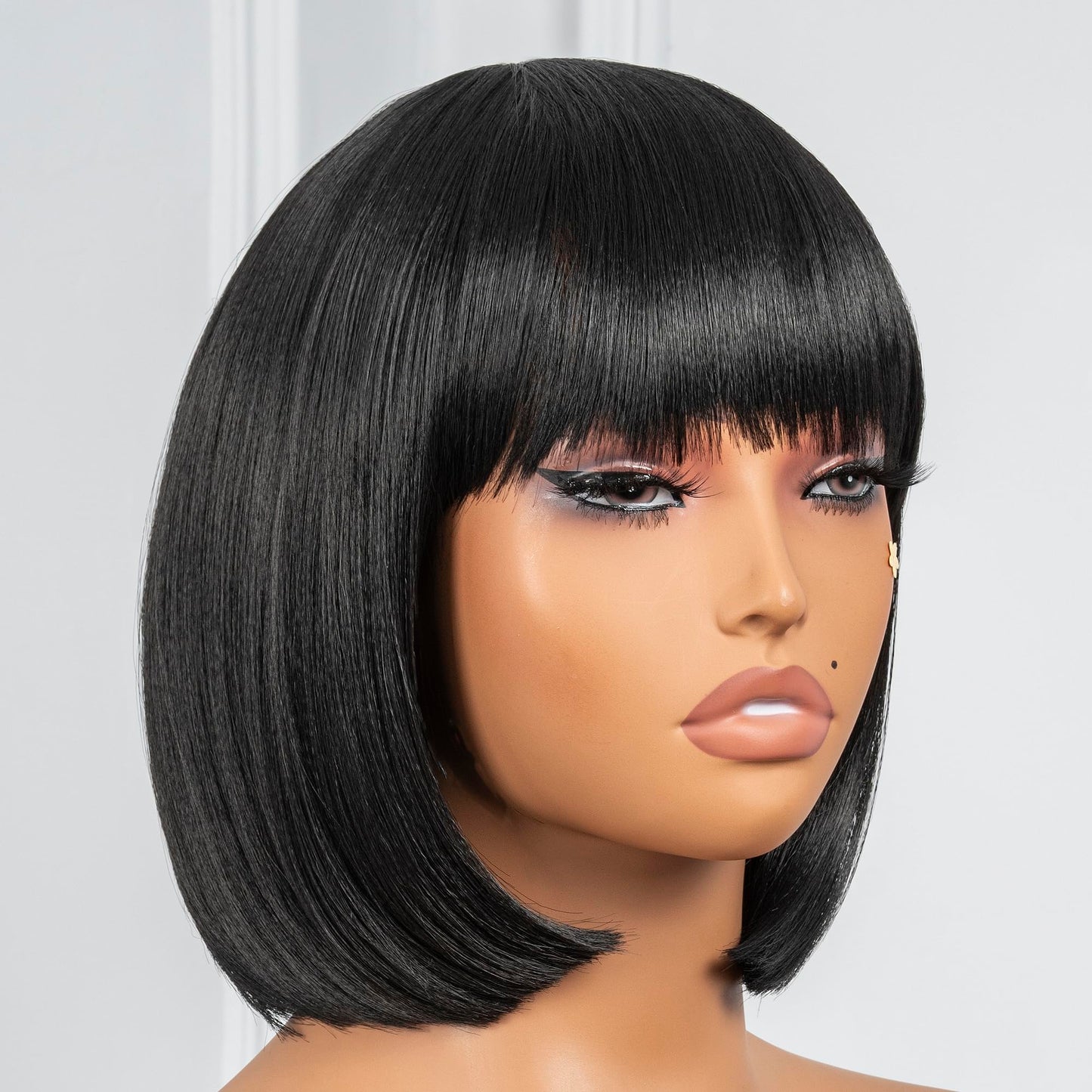 ToyoTress Bob Wig With Bangs - 12 Inch Peek-a-boo Color Short Bob Wig For Black Women Black Mix Brown Daily Costume Wigs, Light Yaki Straight Synthetic Hair Wigs Heat Resistant (12 Inch, SH30-612H)