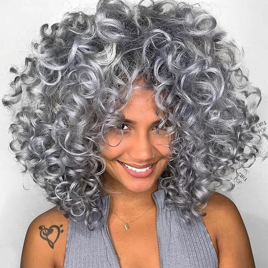 Andromeda Gray Short Curly Wig for Black Women, 14-Inch, Synthetic Fiber, Adjustable Cap, Heat Resistant