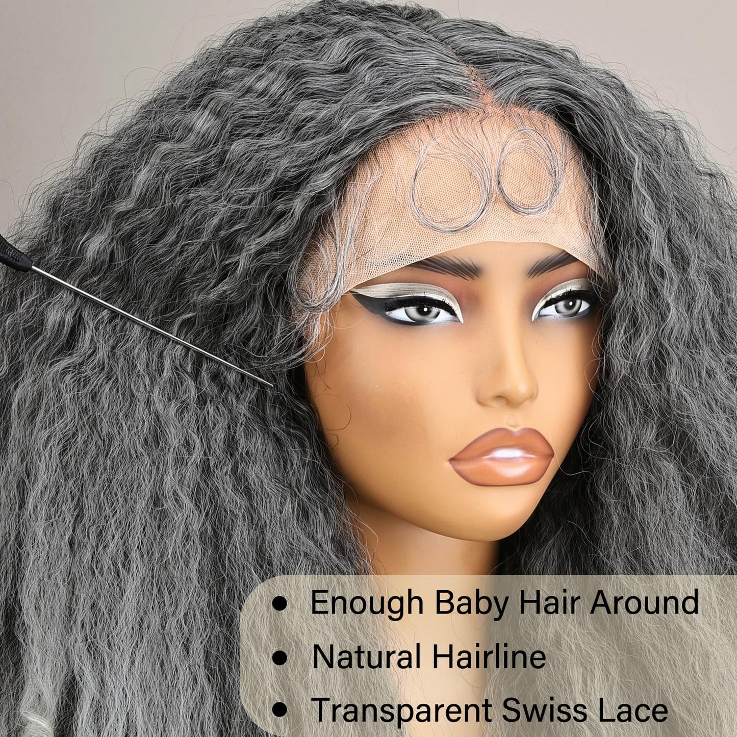 SOKU Afro Curly Lace Front Wig Synthetic Kinky Straight with Curly Ends T Part HD Transparent Swiss Lace Fluffy Bouncy Hair Wigs 20 Inch Dark Brown Heat Friendly Afro Wigs for Black Women