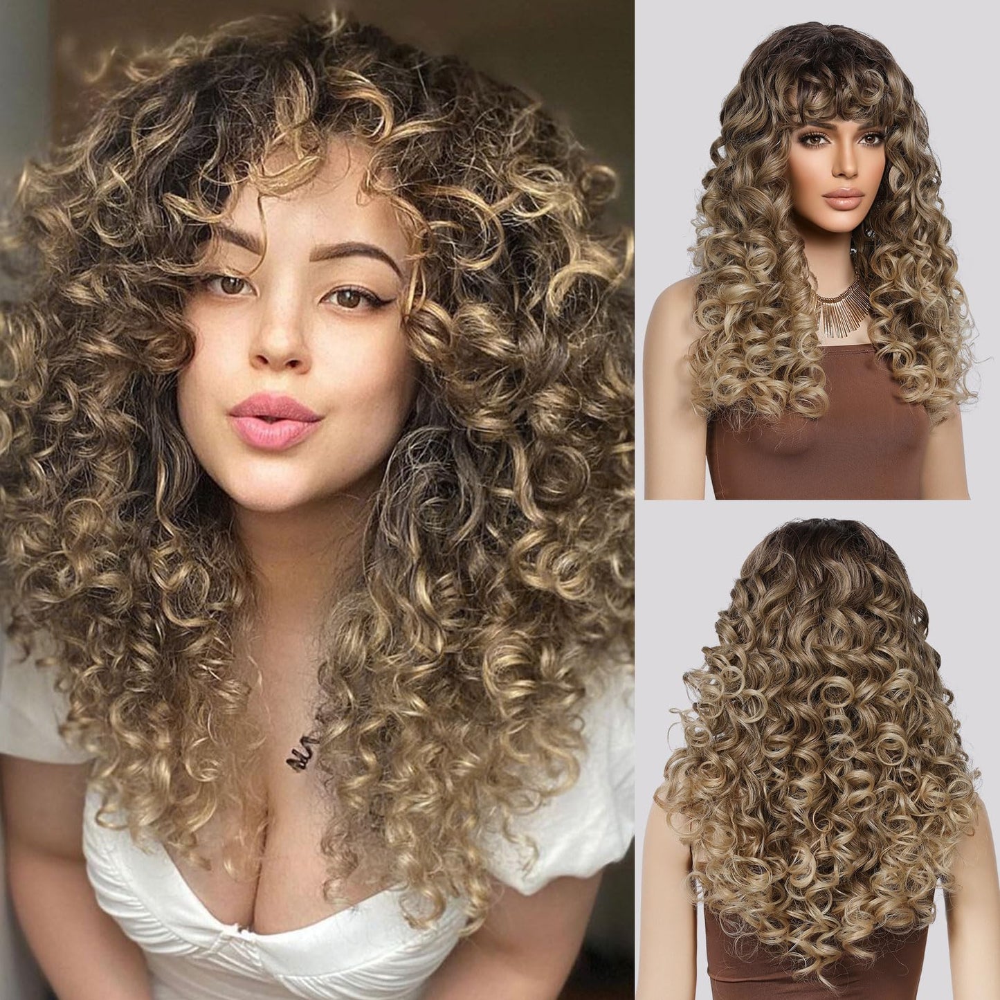 LONAI Curly Wig with Bangs for Black Women Long Black Kinky Wigs with Wispy Bangs WIG006 Curly Gorgeous Fringe Synthetic Wig for Daily Use Party Cosplay-Black