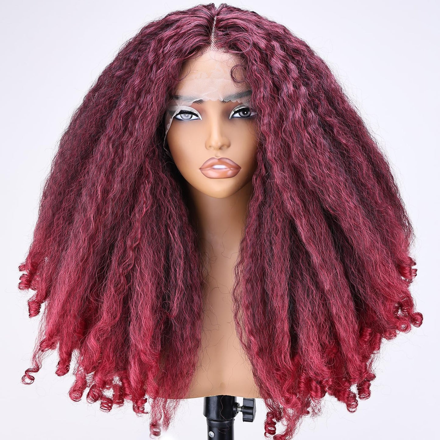 SOKU Afro Curly Lace Front Wig Synthetic Kinky Straight with Curly Ends T Part HD Transparent Swiss Lace Fluffy Bouncy Hair Wigs 20 Inch Dark Brown Heat Friendly Afro Wigs for Black Women