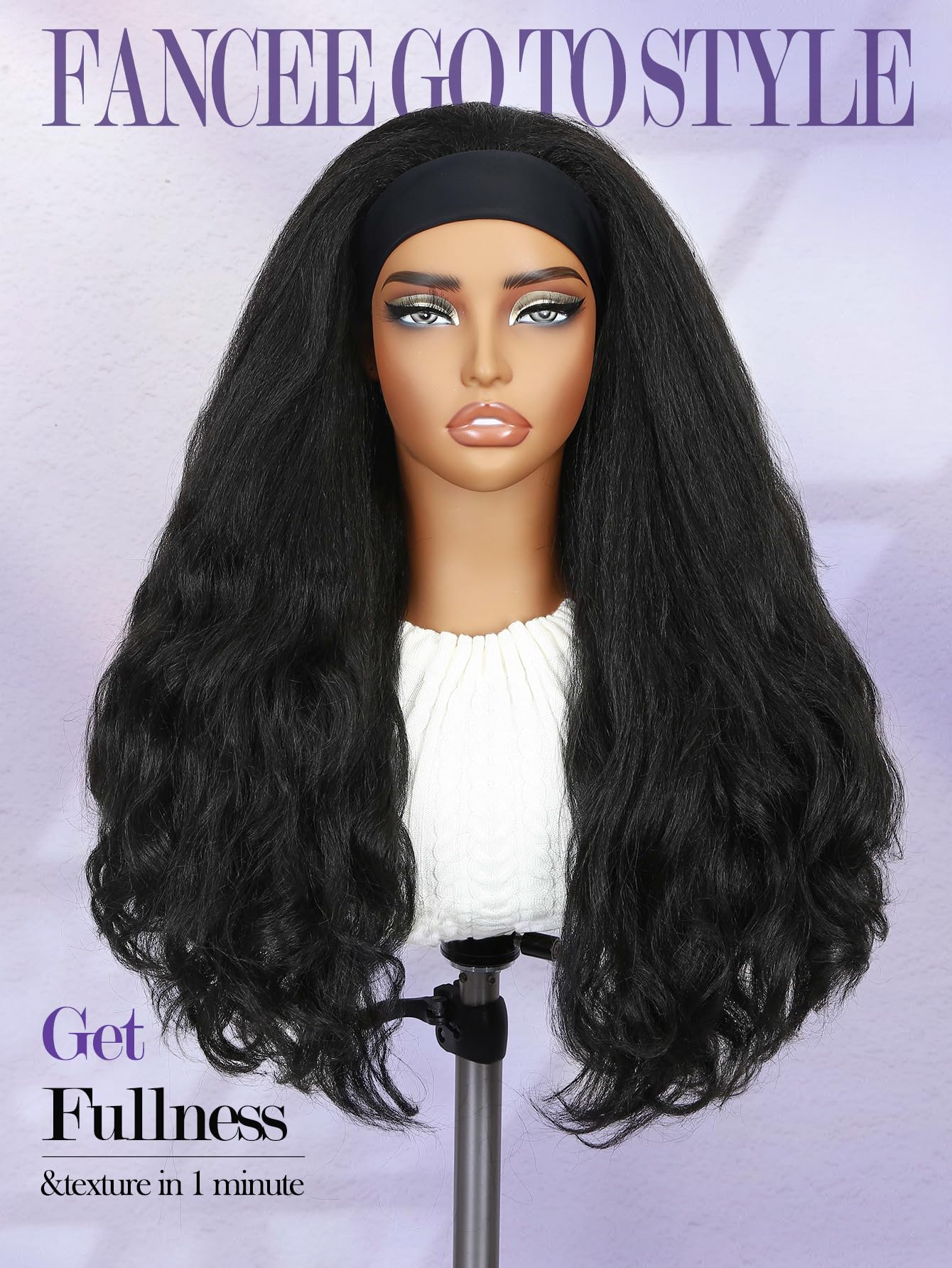 Yaki Wavy Headband Wigs for Black Women 26 Inch Black Kinky Straight Wear and Go Wig with Curly Wavy Ends Synthetic Glueless Half Wig with Headbands Attached Blow Out Style Natural Hair Texture