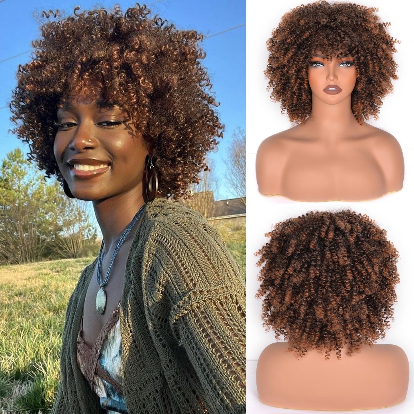 Afro Curly Wig with Bangs 12 Inches Synthetic Afro Wig for Women about 280g/Pcs Heat Resistant Black Short Kinky Curly Wigs for Daily Party