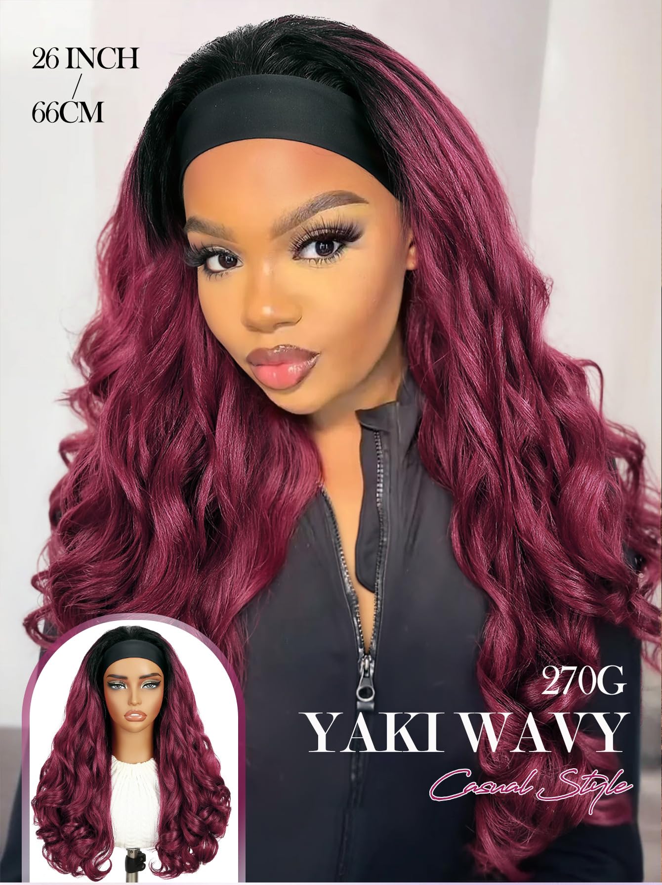Yaki Wavy Headband Wigs for Black Women 26 Inch Black Kinky Straight Wear and Go Wig with Curly Wavy Ends Synthetic Glueless Half Wig with Headbands Attached Blow Out Style Natural Hair Texture