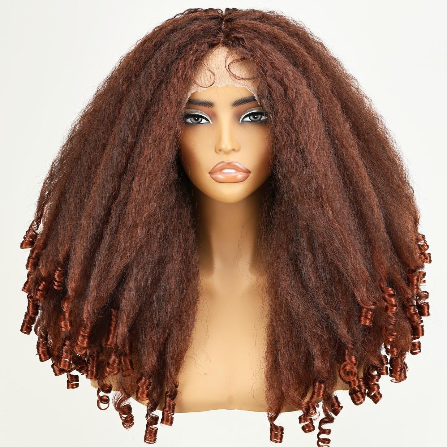 SOKU Afro Curly Lace Front Wig Synthetic Kinky Straight with Curly Ends T Part HD Transparent Swiss Lace Fluffy Bouncy Hair Wigs 20 Inch Dark Brown Heat Friendly Afro Wigs for Black Women